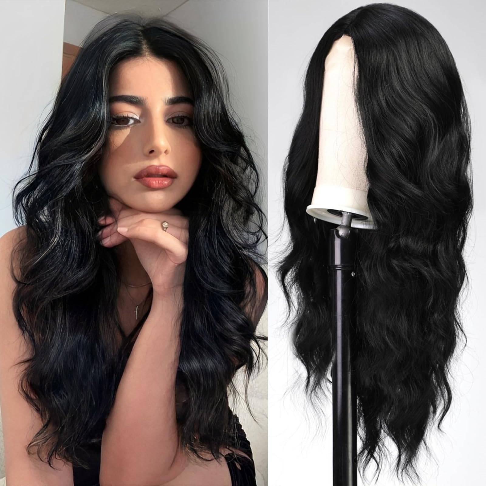 EMMOR 26 Inch Long Black Wavy Lace Front Wig for Women - Heat Resistant Synthetic Curly Wig with Natural Middle Part | Perfect for Daily Wear, Cosplay & Parties