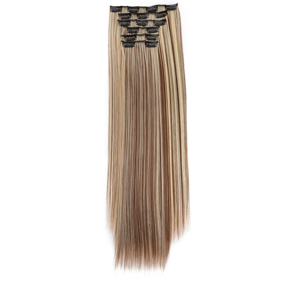 6Pcs Clip in Hair Extensions - 16 Clips Straight Synthetic Hairpiece 22 Inch Double Weft - Chestnut Brown & Bleach Blonde #6/613 - Perfect for Daily Styling, Parties & Special Occasions