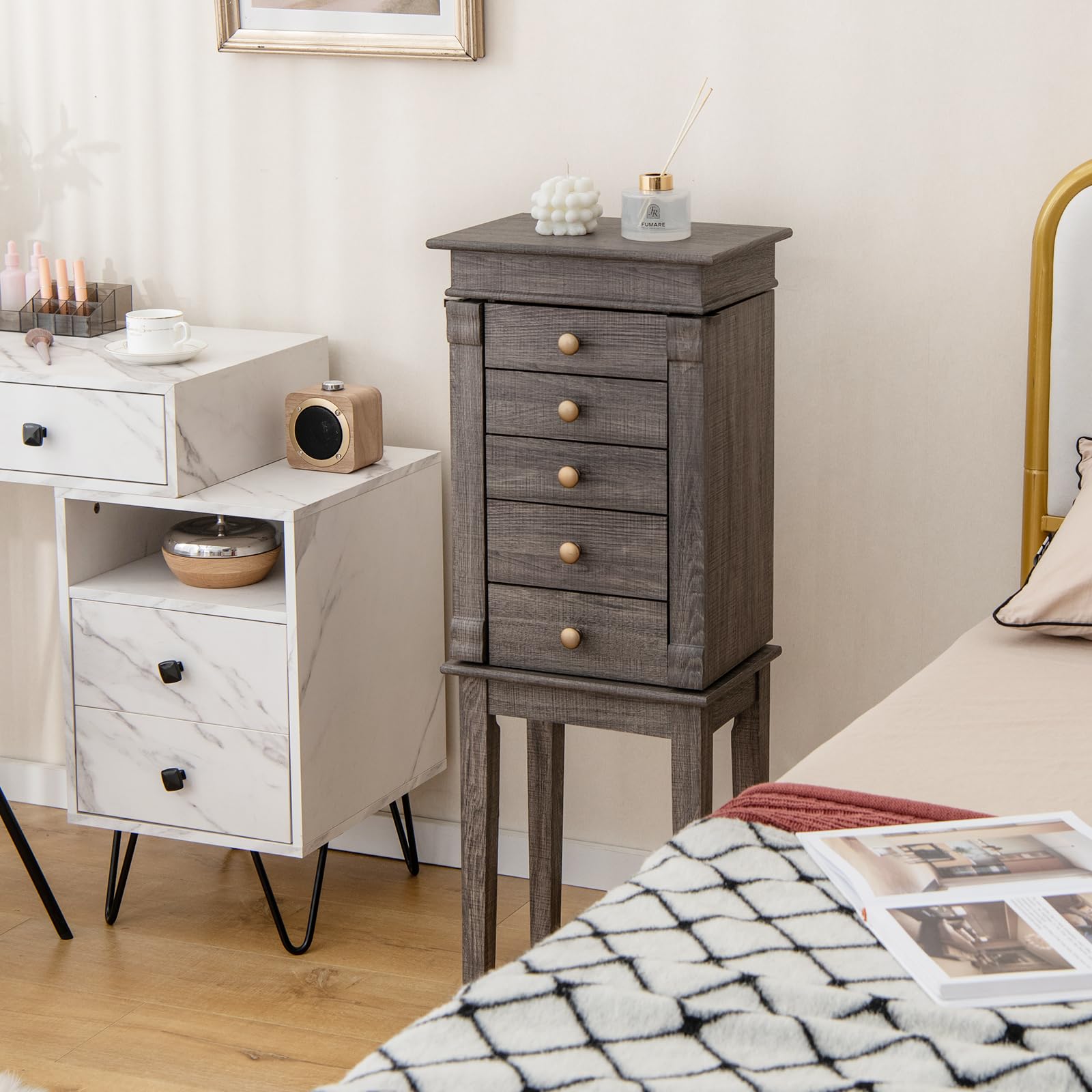 Giantex Wooden Jewelry Storage Cabinet with 5 Drawers & 8 Necklace Hooks - Standing Jewelry Armoire with Flip Mirror, 4 Compartments & 2 Side Doors - Antique Washed Gray Finish - Perfect for Bedroom, Closet & Dressing Room Organization