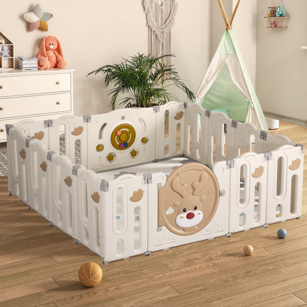 BoPeep 16-Panel Baby Playpen with Safety Gate - Toddler Play Yard for Indoor & Outdoor Use - Child Safety Fence for Playroom, Nursery, and Backyard