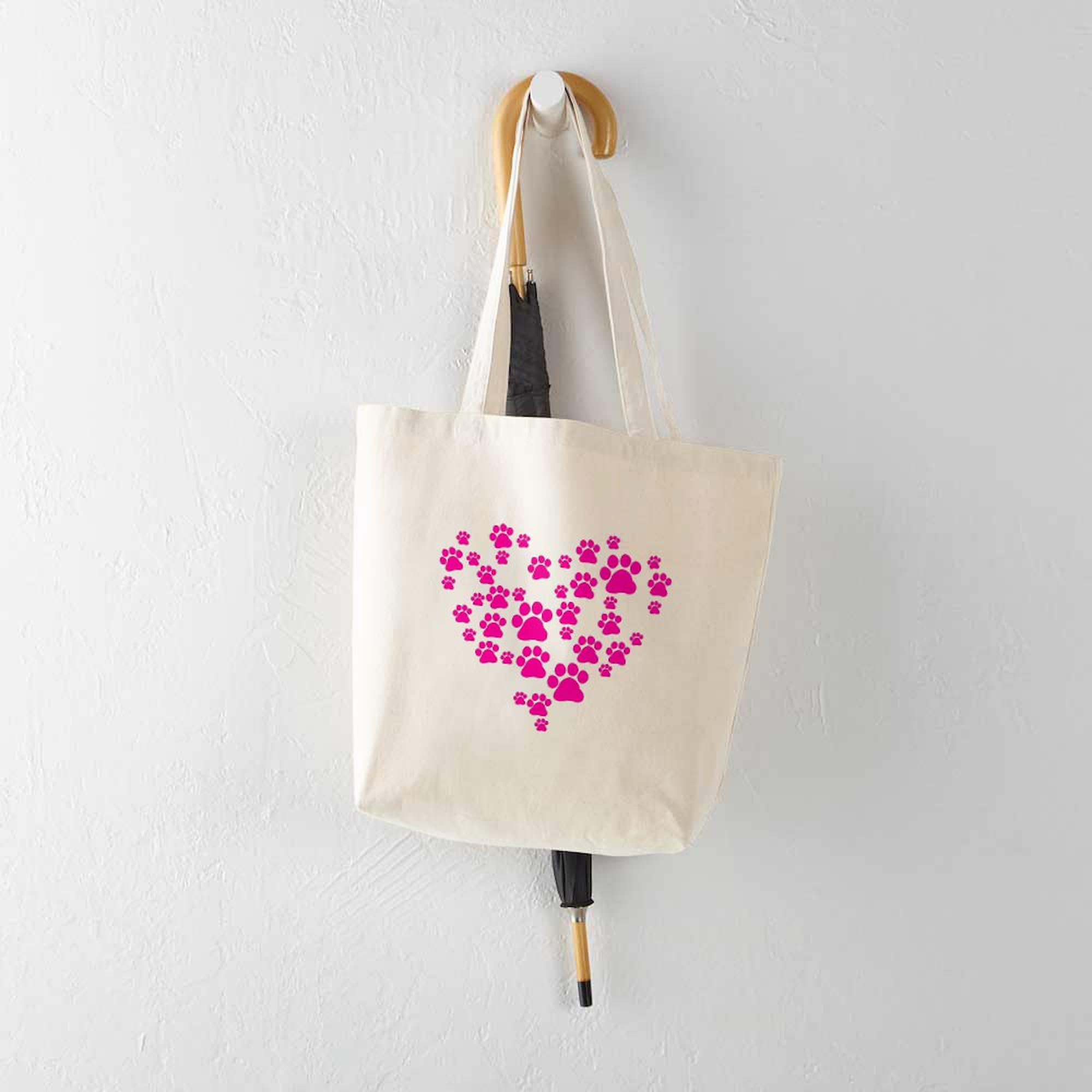 Heart Of Paw Prints Natural Canvas Tote Bag - Eco-Friendly Reusable Shopping Bag for Pet Lovers | Perfect for Groceries, Beach Trips & Daily Use