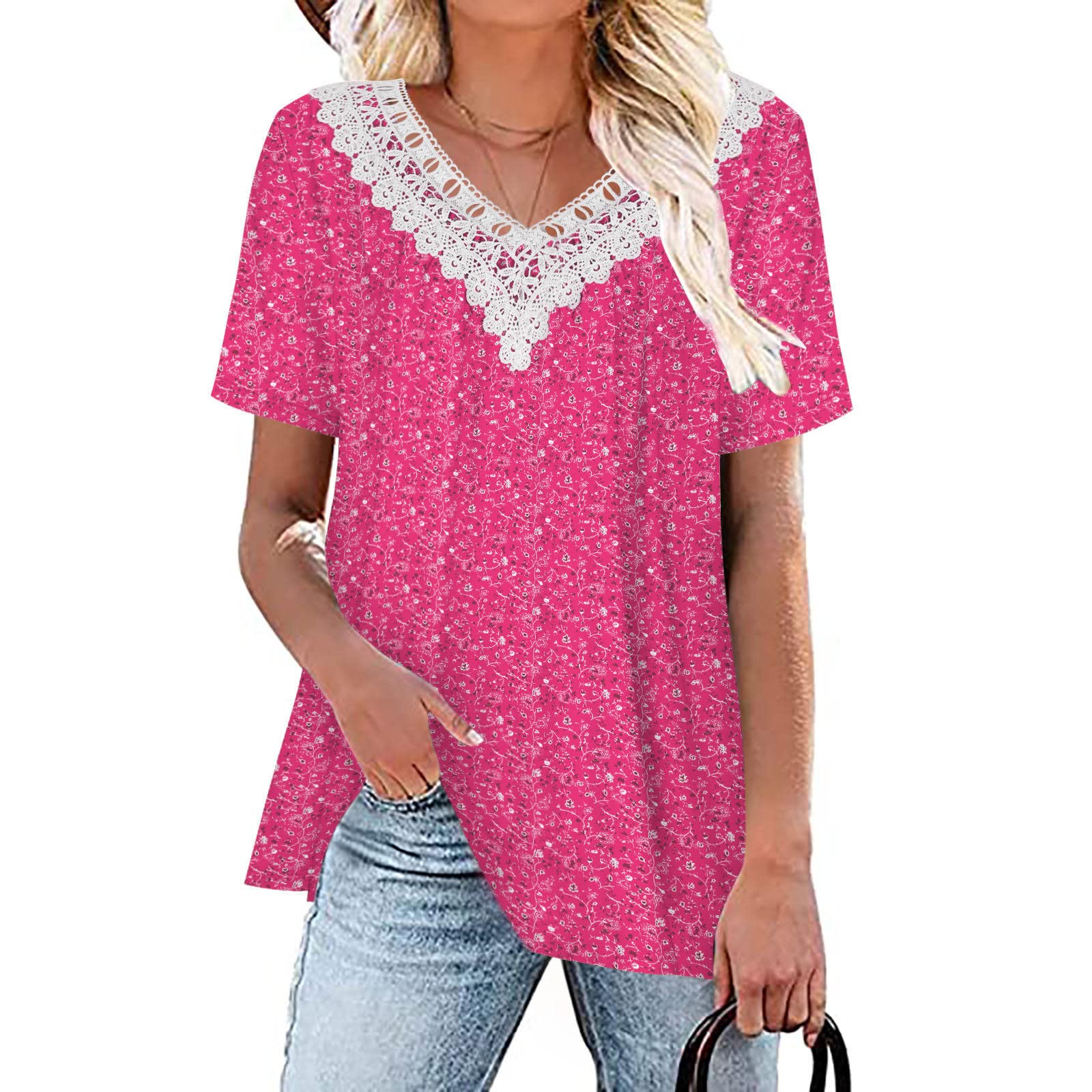 Women's Lace Trim V-Neck T-Shirt - Elegant Short Sleeve Blouse for Casual & Dressy Wear | Summer Tunic Top for Date Night, Office & Vacation Outfits | Cute Ladies Tee 2024 Fashion