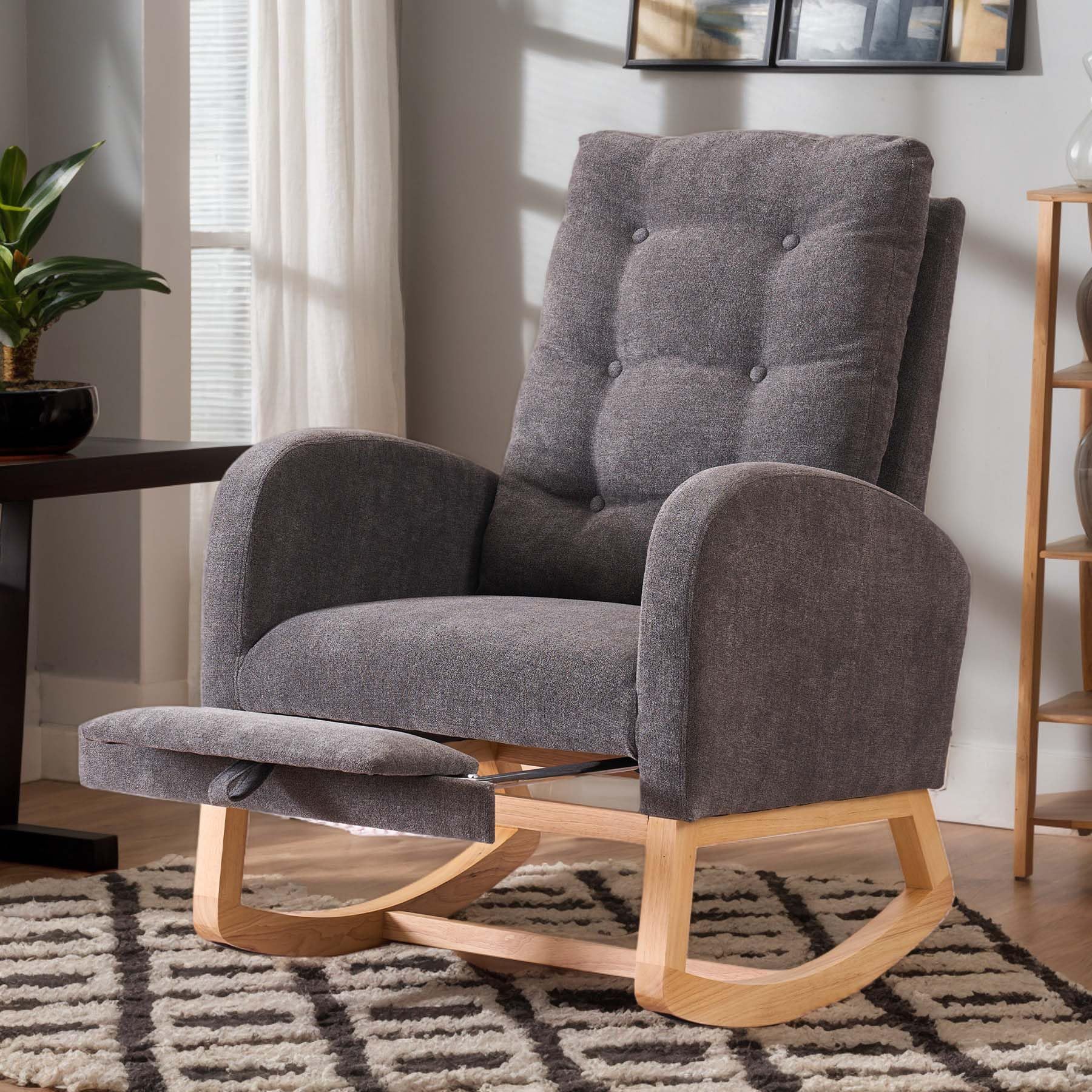 Comfortable Accent Rocking Chair with Footrest & Side Pocket - Upholstered High Back Nursery Rocker with Rubber Wood Legs - Perfect for Living Room, Baby Nursery & Bedroom - Relaxing Armchair for Breastfeeding, Reading & Lounging (Gray)