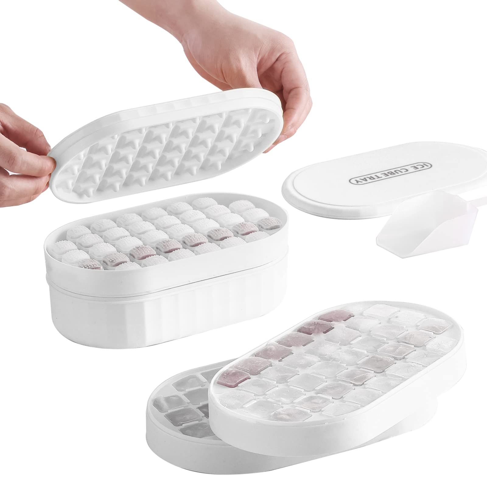 RAVNDOX Silicone Ice Cube Trays - 36 Ice Cubes per Press, 72 Total - BPA Free with Lid, Storage Bin & Scoop - Perfect for Cocktails, Smoothies & Party Drinks (White)