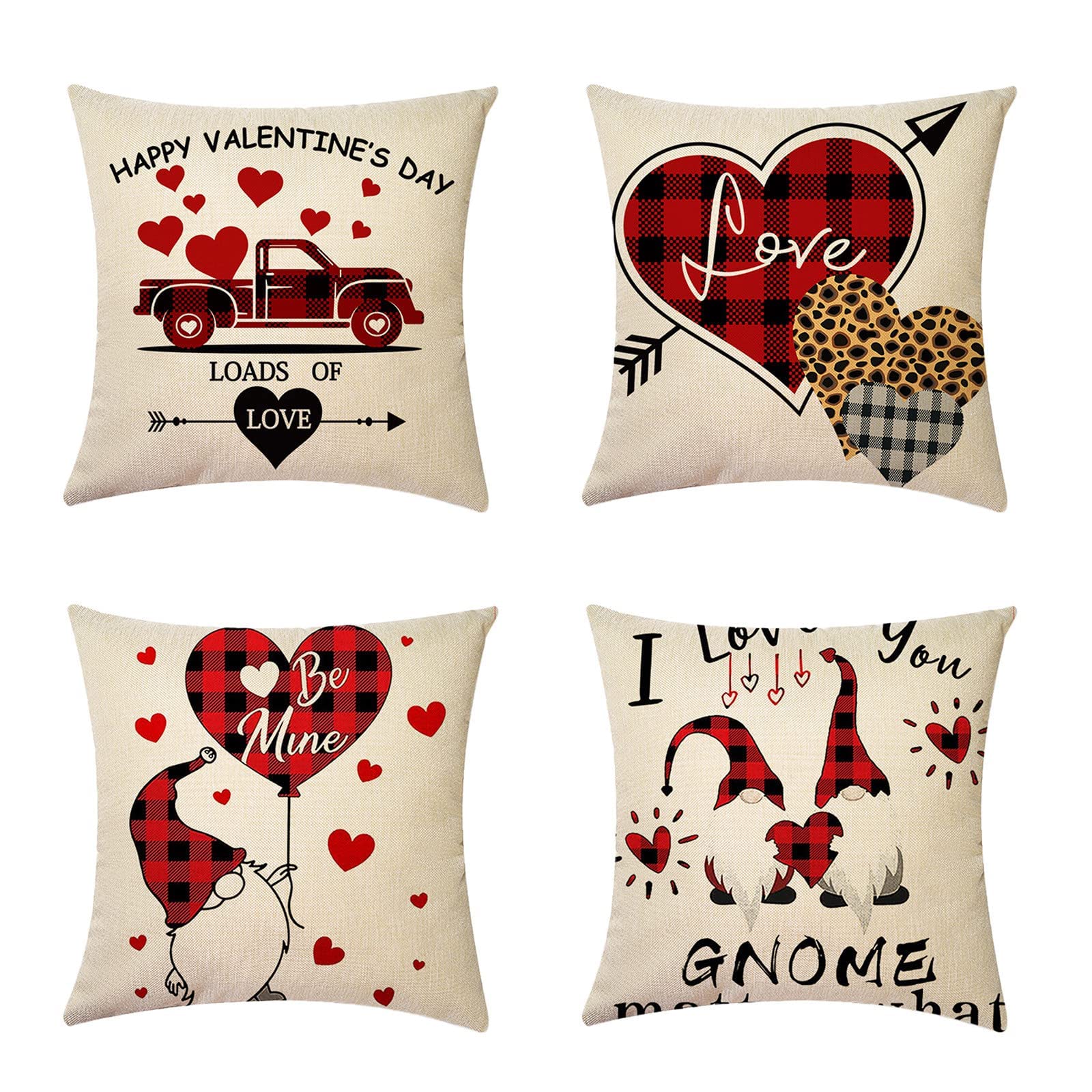 Valentine's Day Pillow Covers Set of 4 - 18x18 Inch Plaid Love Gnome Throw Pillow Covers with Red Truck & Roses Design - Cozy Home Decor for Couples, Living Room, Bedroom & Valentine's Day Gifts