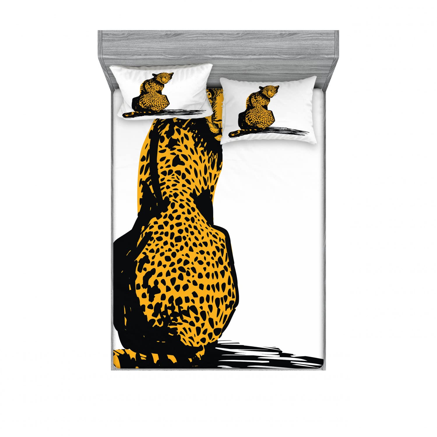 Ambesonne 2-Pack Queen Size Fitted Sheet & Pillow Sham Set - Sketch Leopard Shadow Pattern, 4-Piece Bedding Set (2 Fitted Sheets + 4 Pillow Covers) in Black, White & Marigold | Wild Animal Print Bedroom Decor for Jungle Theme, Safari Nursery or Boho Chic Home