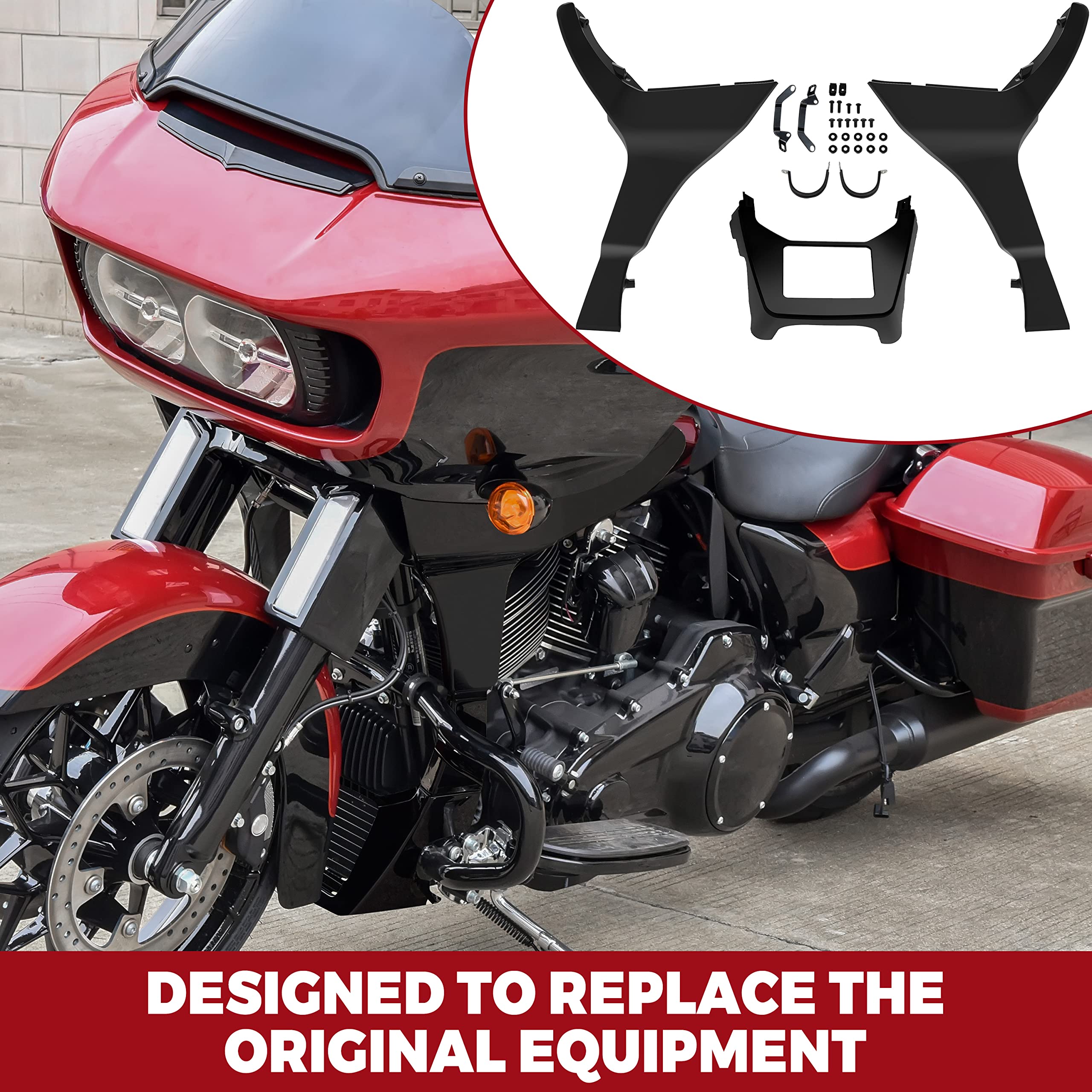 Glossy Black Side Fairing Spoilers Cover Kit for Harley Road Glide 2017-2023 - Extended Airing Chin Spoilers - Motorcycle Wind Protection & Style Upgrade for Road Trips & Cruising