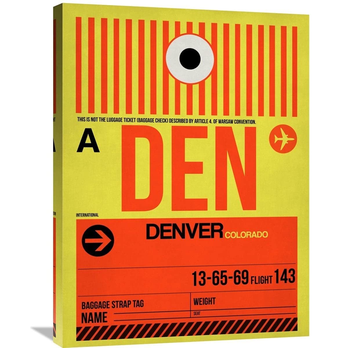 DEN Denver Luggage Tag 1 Stretched Canvas Wall Art - 16x12 Inches Home Decor for Living Room, Bedroom & Office | Modern Travel-Themed Artwork