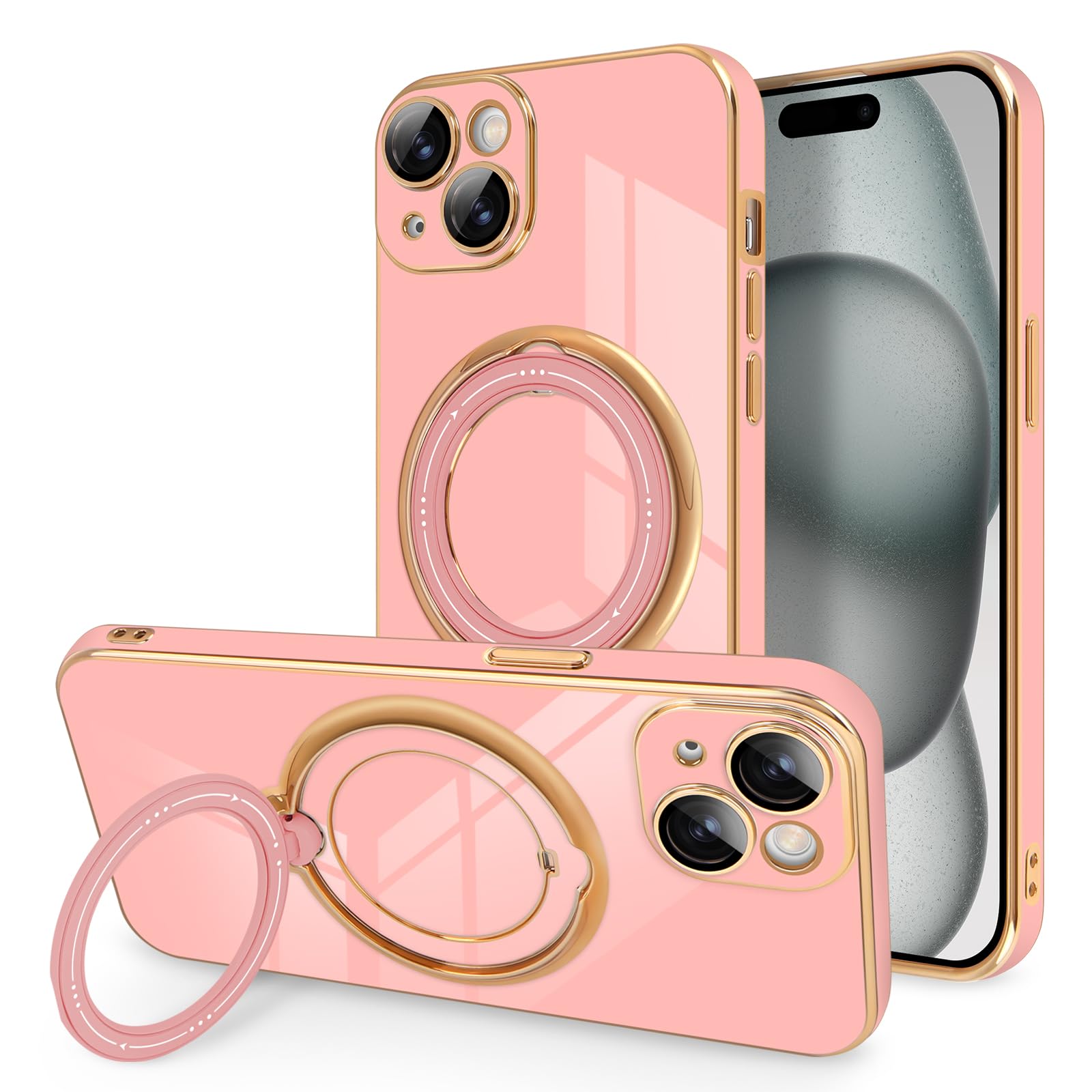 Luxury Magnetic iPhone 15 Plus Case with 360° Rotatable Stand - Shockproof TPU Bumper Protective Cover for Women & Men (Pink) - Perfect for Work, Travel & Everyday Use