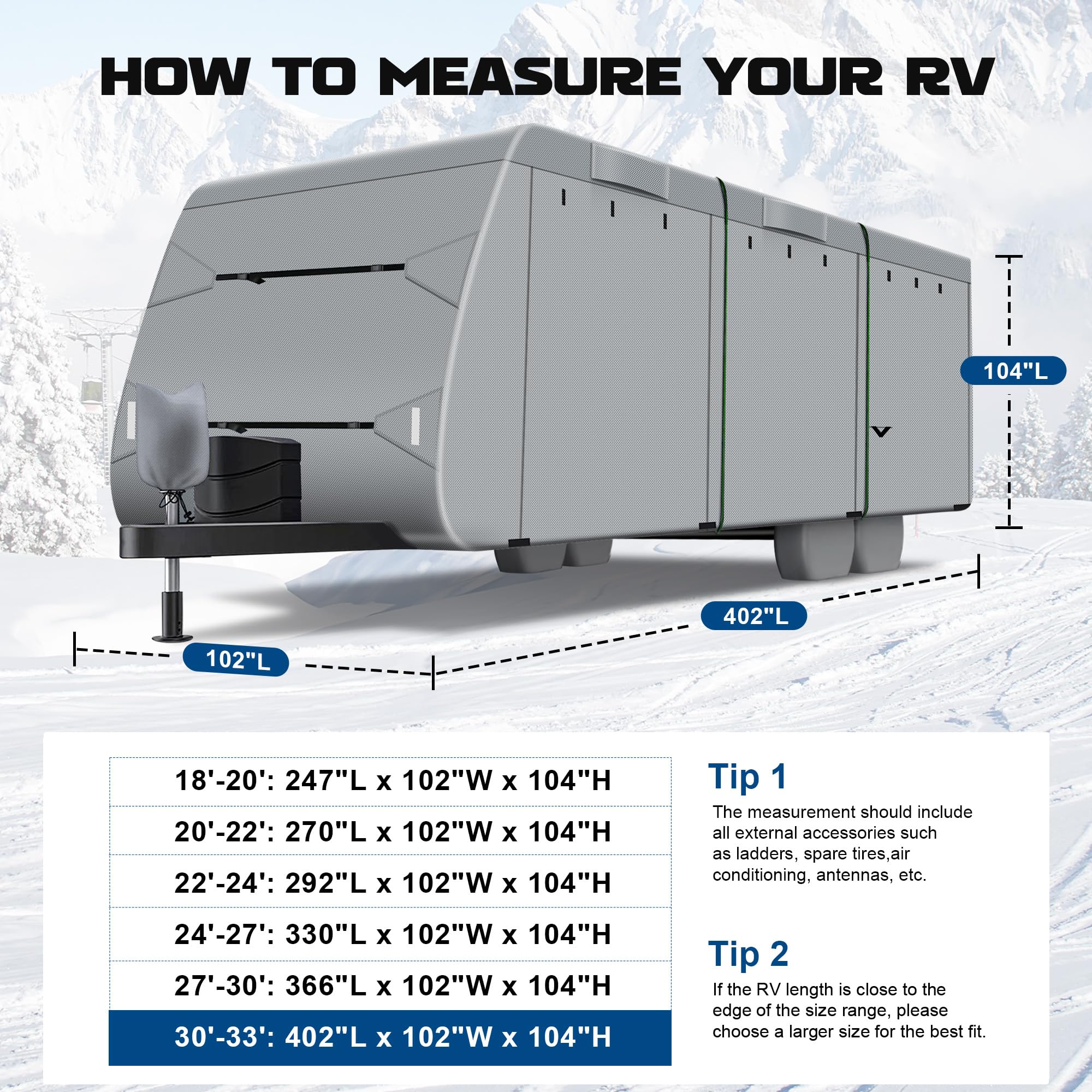 Richeer 300D Heavy-Duty RV Cover for 30'-33' Travel Trailers - Waterproof, Windproof, UV-Resistant Rip-Stop Fabric with Storage Bag, Tire Covers & Reflective Strips - Perfect for Outdoor Camping, Winter Storage & Long-Term Vehicle Protection (Dark Grey)