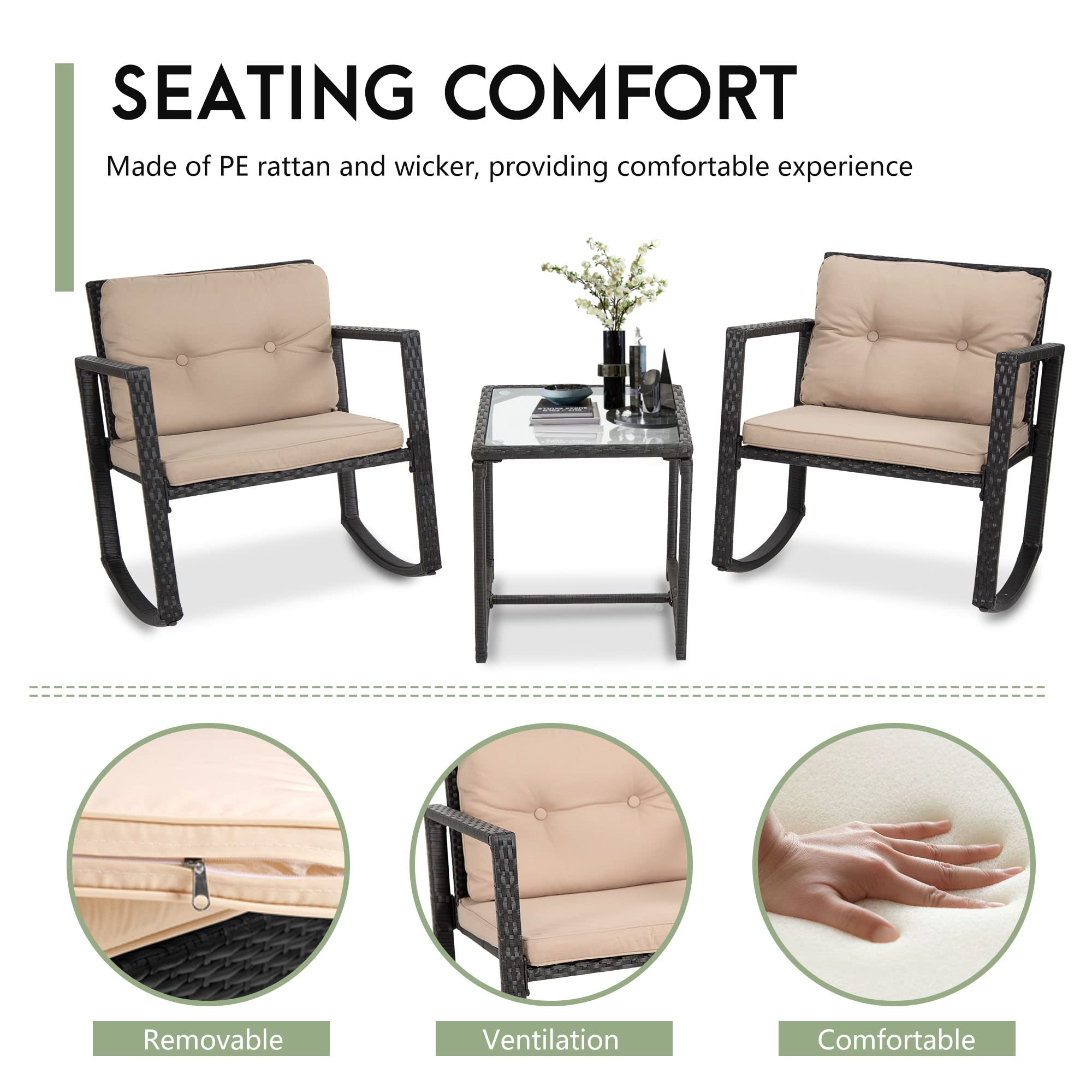 FDW 3-Piece Wicker Patio Furniture Set - Outdoor Rattan Bistro Set with Rocking Chair & Coffee Table for Backyard, Porch, Poolside, Lawn - Perfect for Relaxing & Entertaining - Black