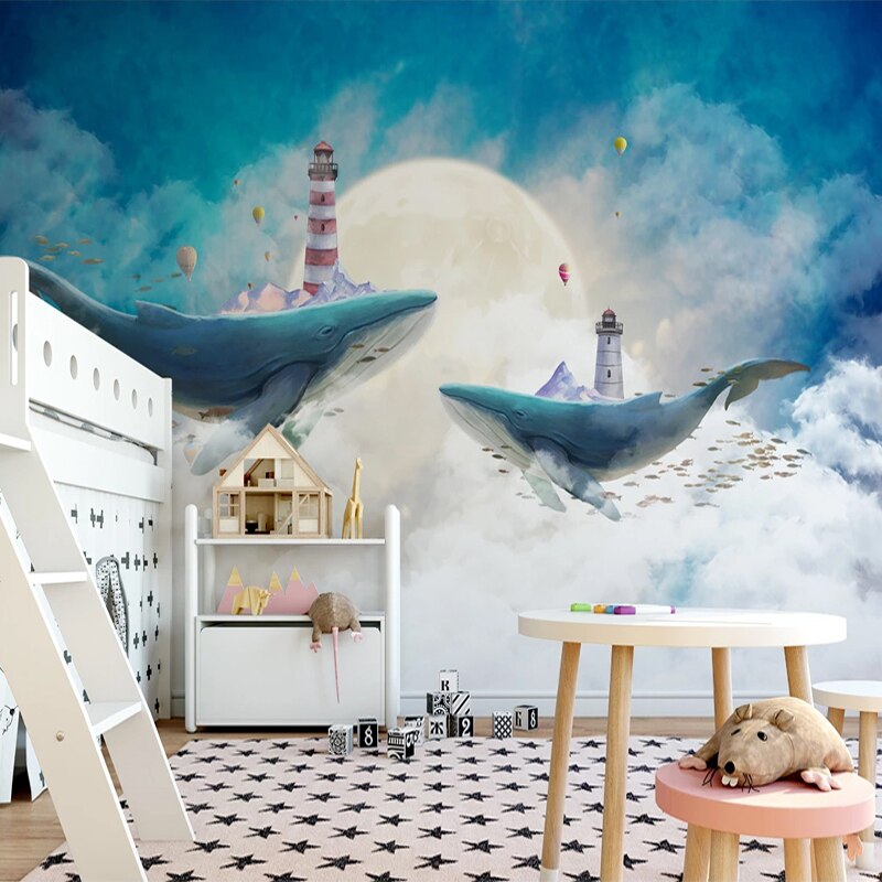 Whales Lighthouse Sky Blue White Clouds Wallpaper - Self-Adhesive Removable Wall Mural for Living Room, Bedroom, Nursery Decor | Perfect for Coastal & Nautical Theme Home Design