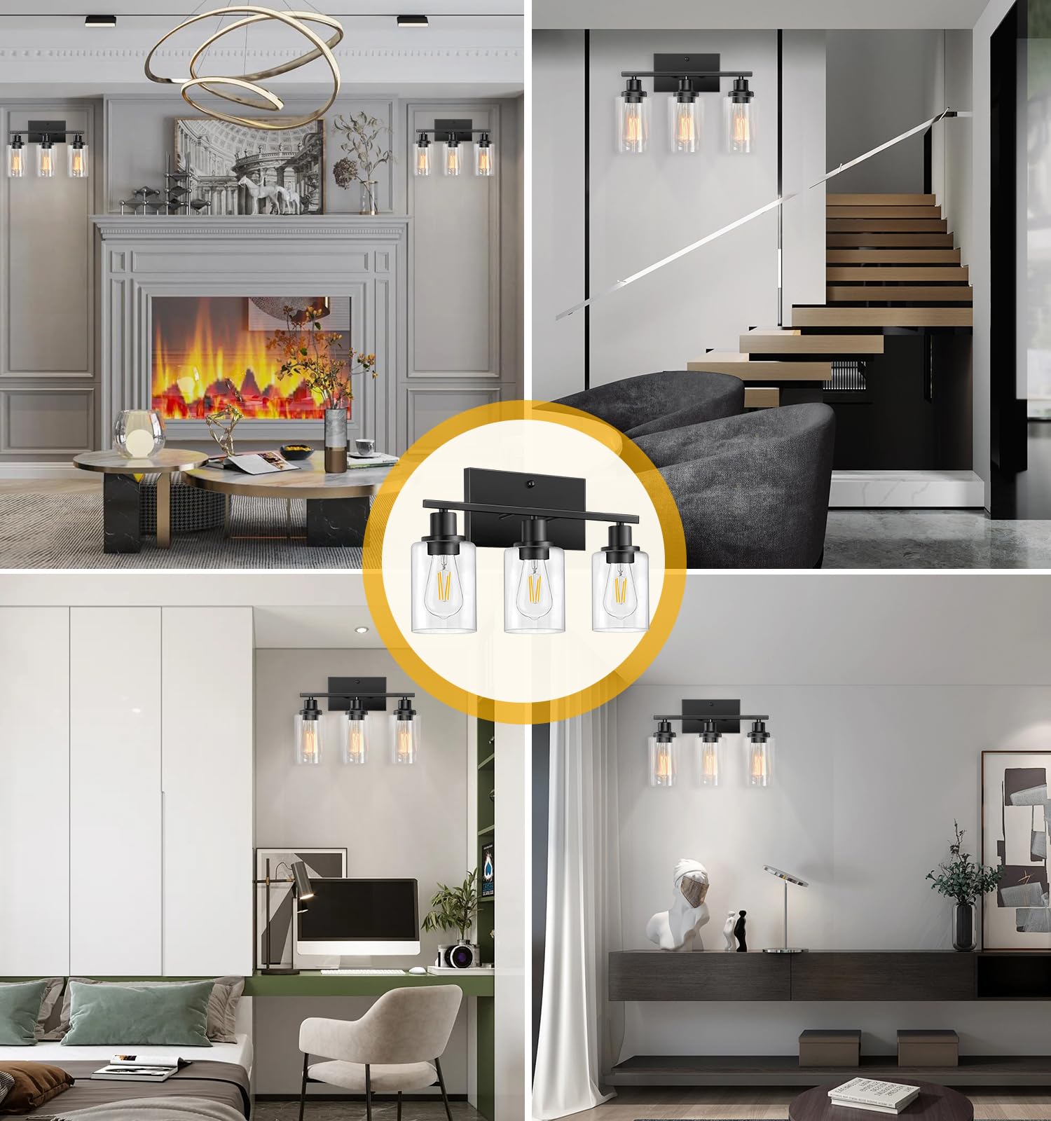 Modern Black 3-Light Bathroom Vanity Light Fixture with Clear Glass Shade - Metal Frame Wall Lamp for Bedroom, Washroom, Living Room & Hallway - E26 Base - Perfect for Bathroom Makeover & Home Decor Lighting