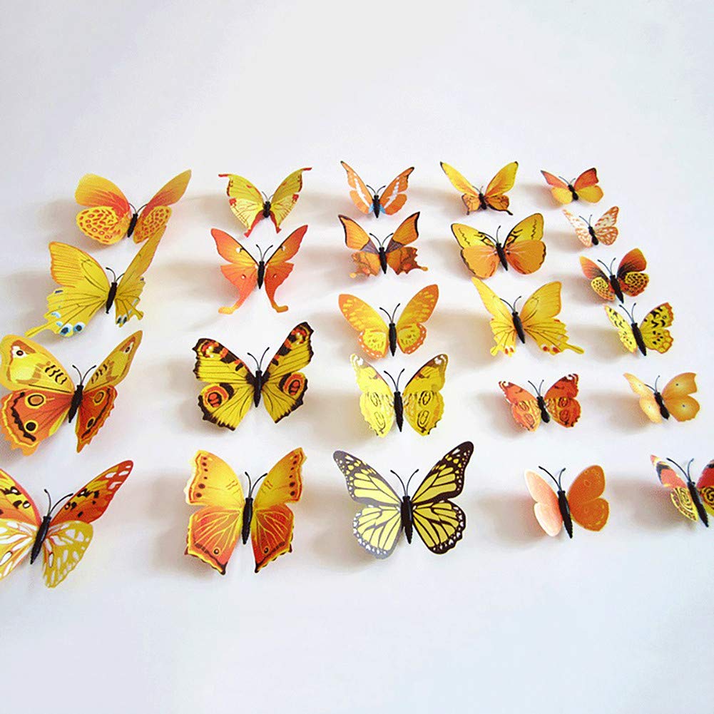 24PCS 3D Butterfly Wall Decals - Removable Refrigerator Magnets & Stickers for Kids Room Decor - Home & Bedroom Art Mural in Yellow - Perfect for Nursery, Playroom and DIY Wall Decoration