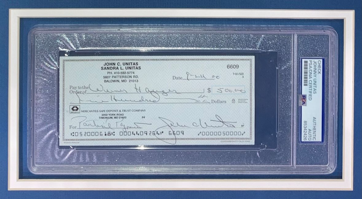 Johnny Unitas Baltimore Colts Autographed Framed Bank Check #6609 PSA Certified - Perfect for Sports Memorabilia Collectors and NFL Fans Display