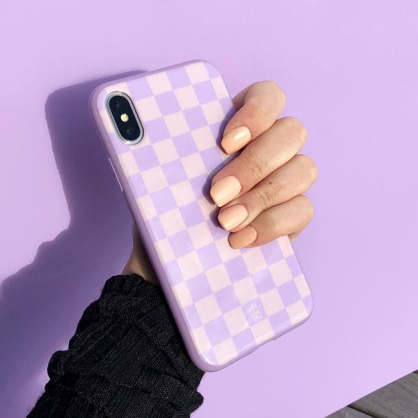 Checkered Lavender Nude iPhone Case - Trendy Protective Cover for iPhone 13/14/15 - Soft Matte Finish with Shock Absorption - Perfect for Everyday Use, Travel & Fashion Accessories