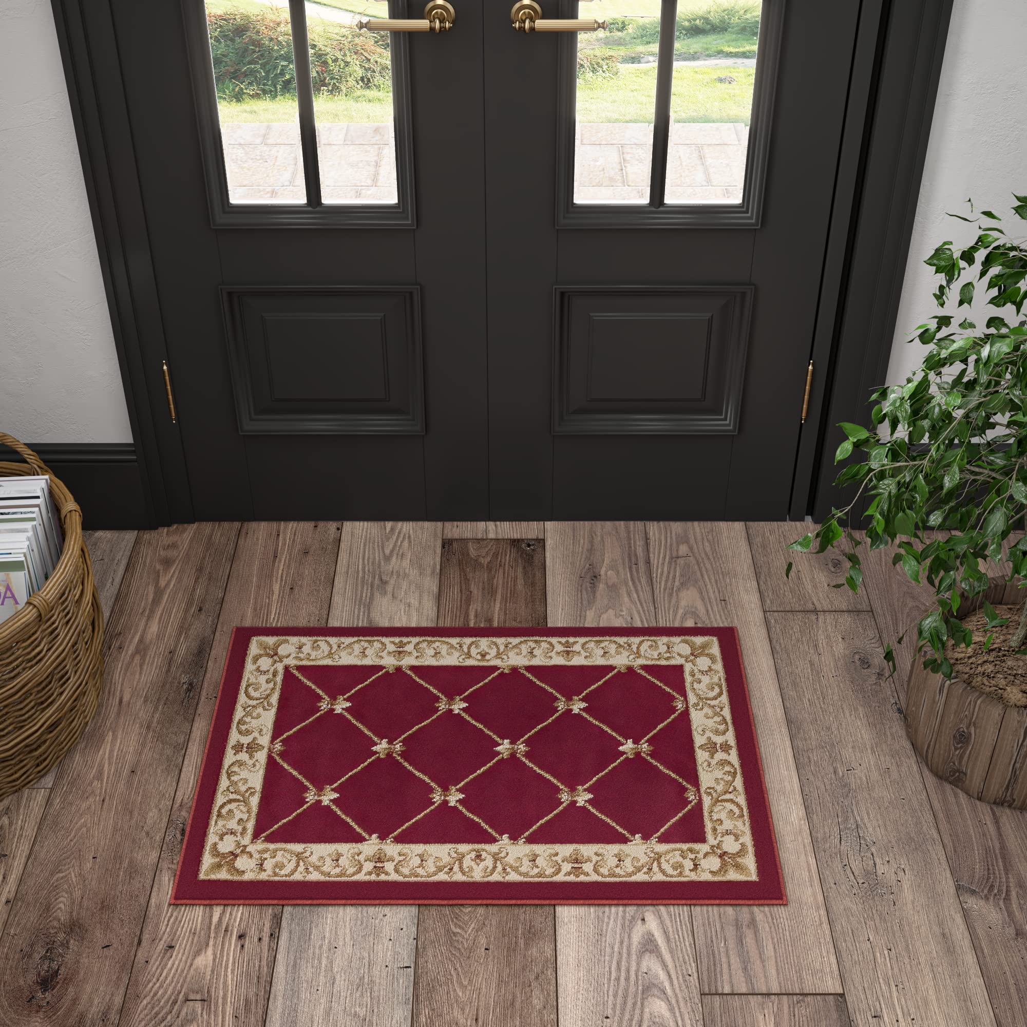 Orleans Red 2x3 Entry Rug - Non-Slip Indoor Front Door Mat - Small Area Rug for Kitchen & Bathroom - Modern Contemporary Carpet - Perfect for Living Rooms, Hallways & High Traffic Areas