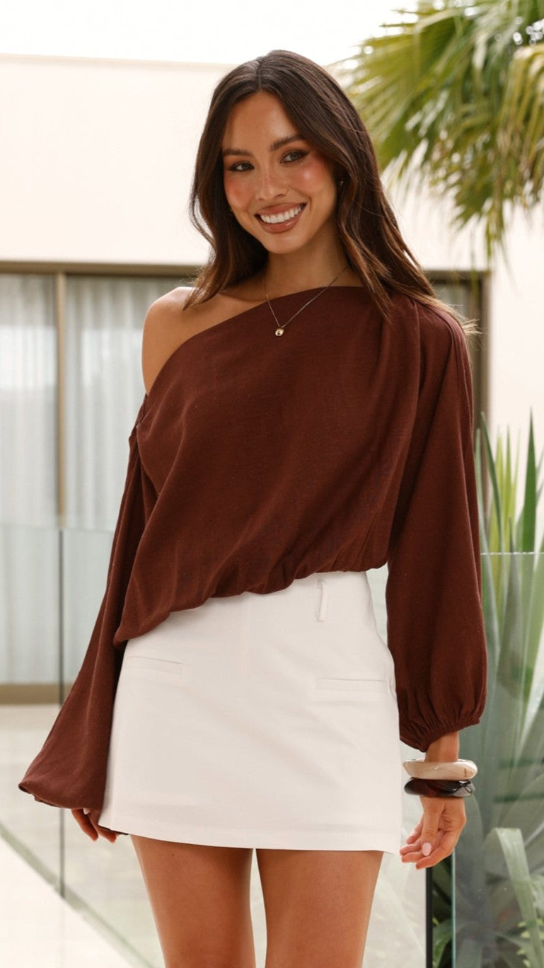 Katara Women's Off Shoulder Tops - Sexy Chocolate Brown Blouse for Summer, Beach, and Date Night Outfits