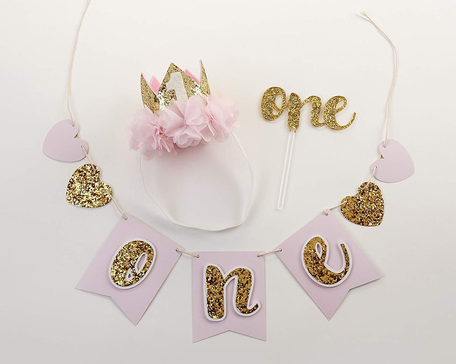 Kate Aspen Gold Glitter 1st Birthday Party Decorations Kit - Baby Girl/Boy First Birthday Banner, Cake Topper & Balloons - Perfect for Birthday Photoshoot & Milestone Celebration