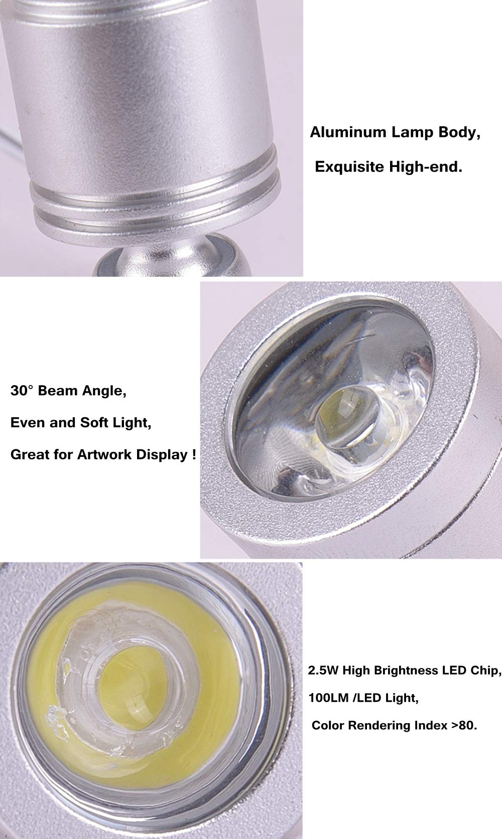 Xking Set of 6 Dimmable LED Display Lights - 2.5W Aluminum Accent Lighting for Artwork, Photos & Shelves - Silver Finish Surface Mount with All Attachments (Cold White) - Perfect for Home Galleries, Museums & Retail Displays