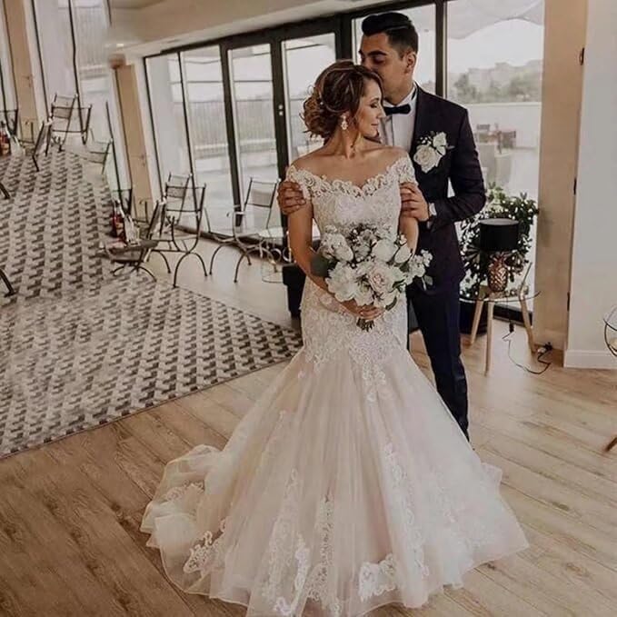 XYAYE Mermaid Wedding Dress for Bride - Off Shoulder Lace Tulle Bridal Gown with Brush Train | Perfect for Beach Weddings, Vow Renewals & Romantic Photoshoots