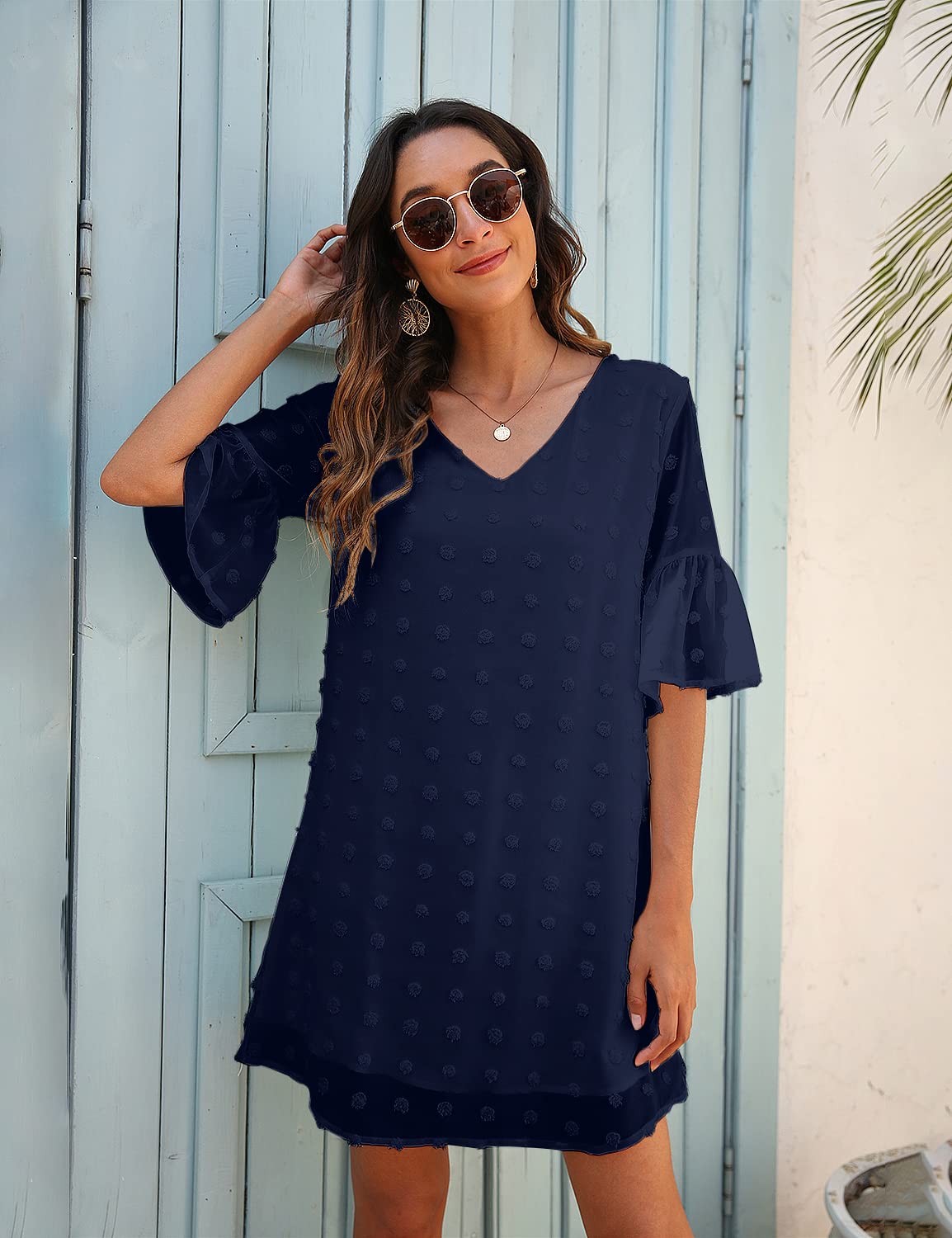 Women's White Chiffon Flowy Short Sleeve V-Neck Ruffle Sun Dress - Cute Shift Mini Dress for Summer, Beach, Party & Casual Wear