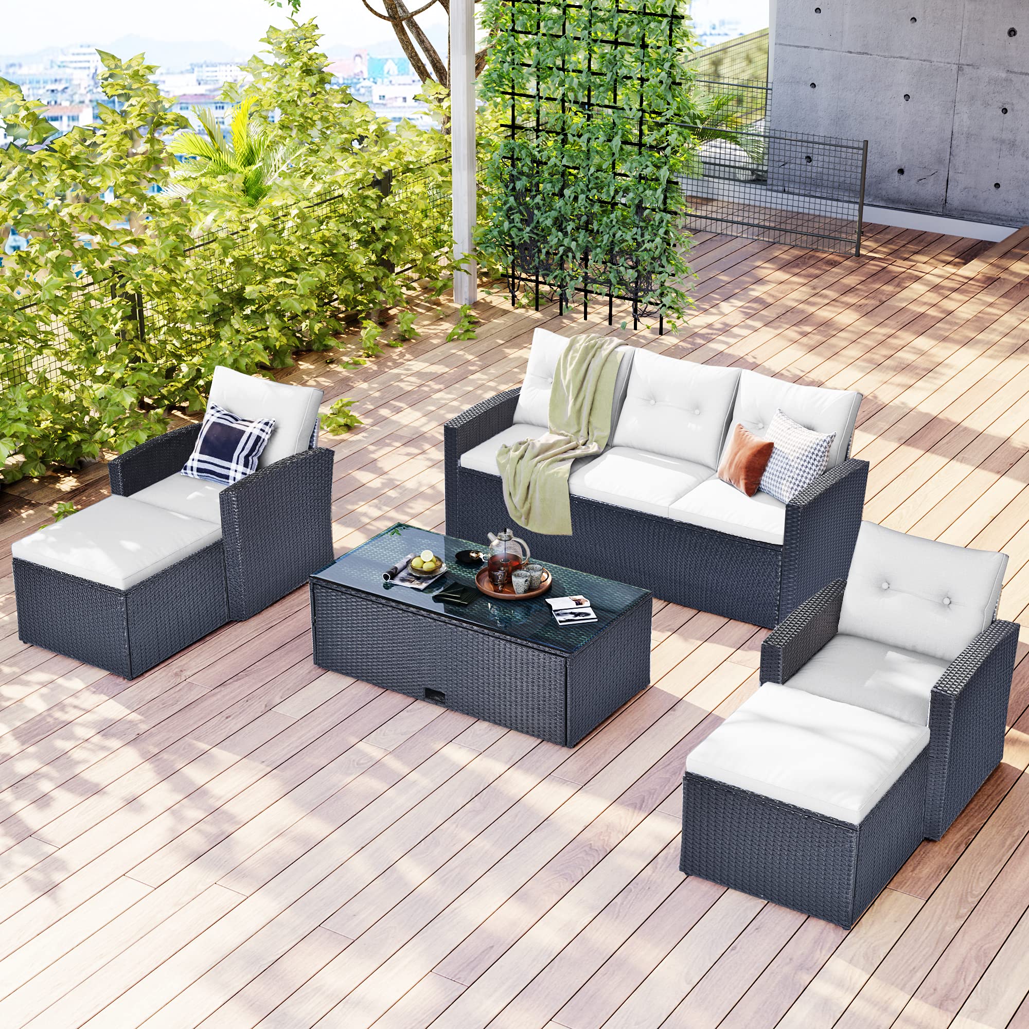 6-Piece Outdoor Patio Furniture Set - Rattan Wicker Sectional Sofa with Glass Coffee Table, Ottomans, Armchairs & Washable Cushions (Black + Beige) - Perfect for Backyard, Garden, Poolside & Patio Relaxation