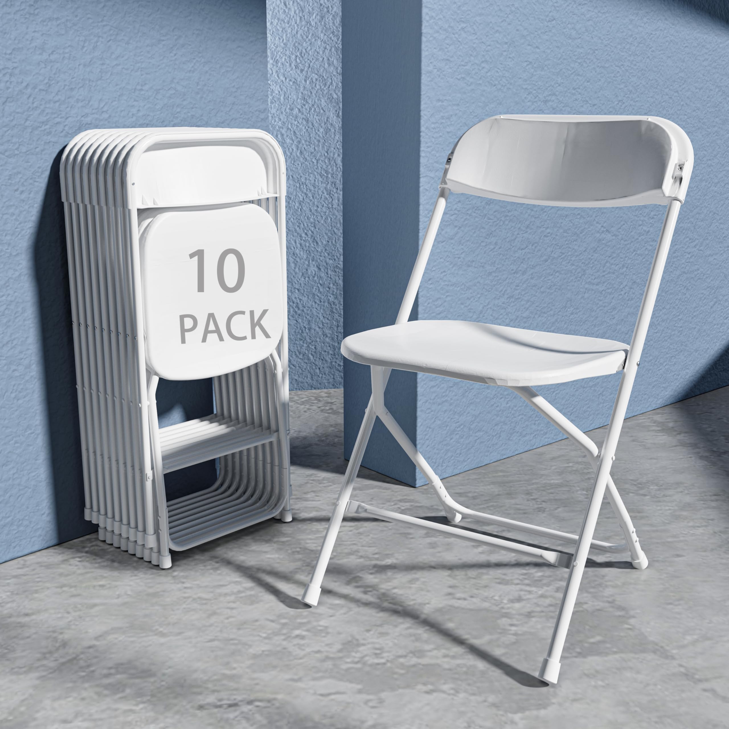 10 Pack White Plastic Folding Chairs - Heavy Duty 350lb Capacity Stackable Chairs with Steel Frame for Indoor/Outdoor Use - Perfect for Weddings, Parties, Dining, School Events & Commercial Spaces
