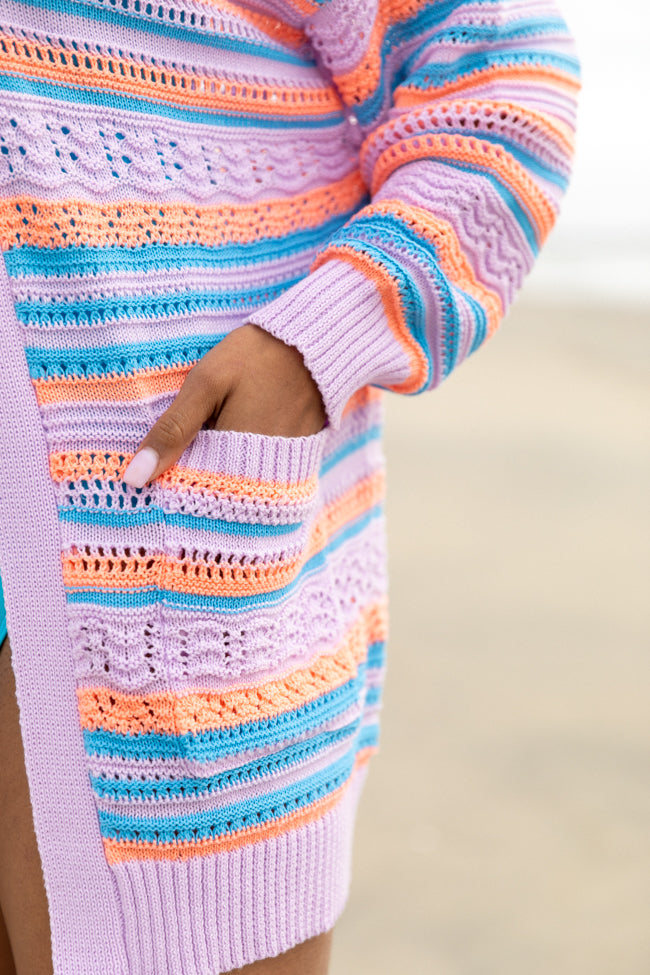 Stylish Purple Multi-Striped Open Knit Cardigan for Women | Lightweight Summer Cover-Up | Perfect for Beach, Office & Casual Outings