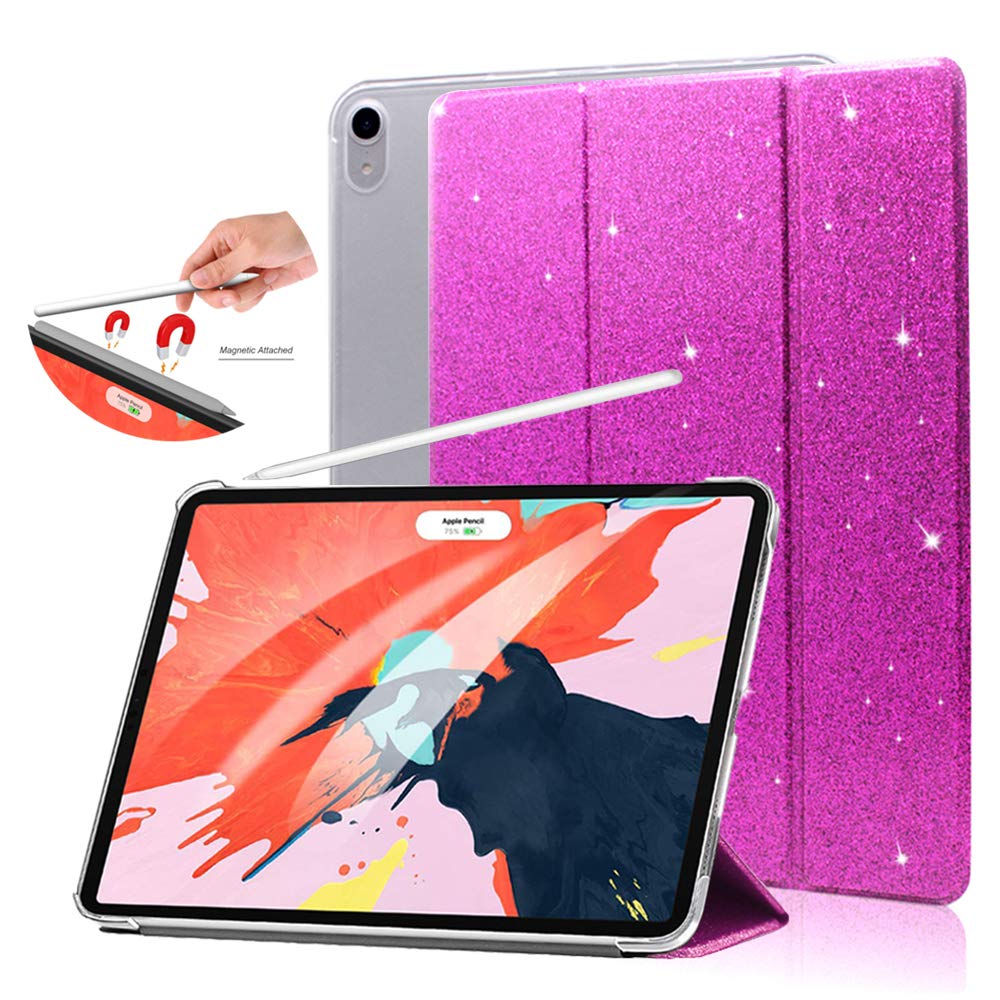 FANSONG iPad Pro 12.9 Case (6th/5th/4th/3rd Gen) - Bling Glitter Leather Magnetic Flip Cover with Stand, Pencil Holder & Auto Sleep/Wake - Lightweight Sparkle Protective Case in Rosy Purple - Perfect for Work, School & Travel