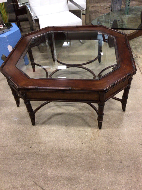 Tommy Bahama Style Octagon Glass Insert Coffee Table - Tropical Modern Living Room Furniture for Beach House & Coastal Decor