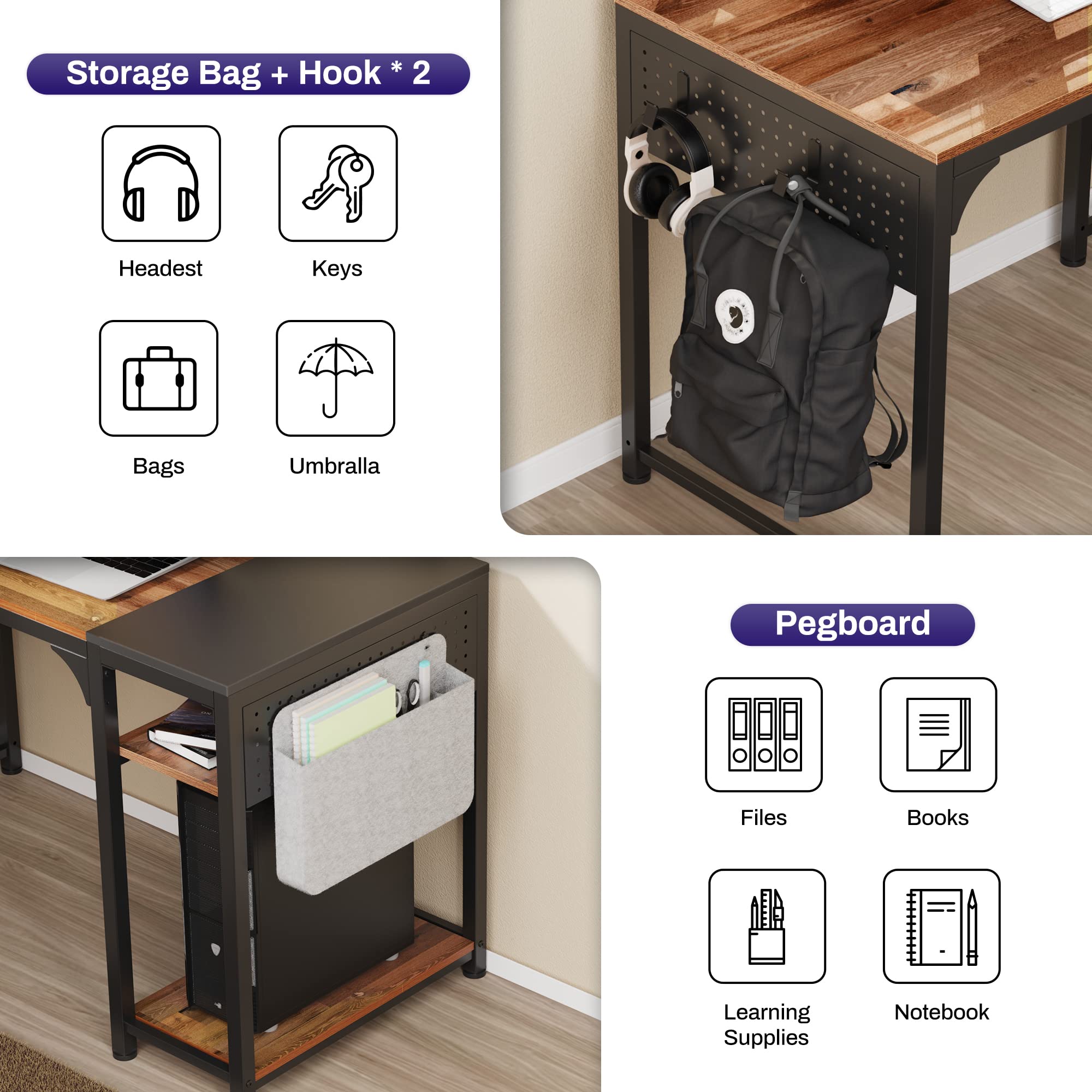 Reversible L-Shaped Desk with Monitor Stand - 58x47 Inch Corner Computer Desk, Study Writing Table with Storage Shelves for Home Office - Rustic Brown/Black - Perfect for Small Spaces & Gaming Setups