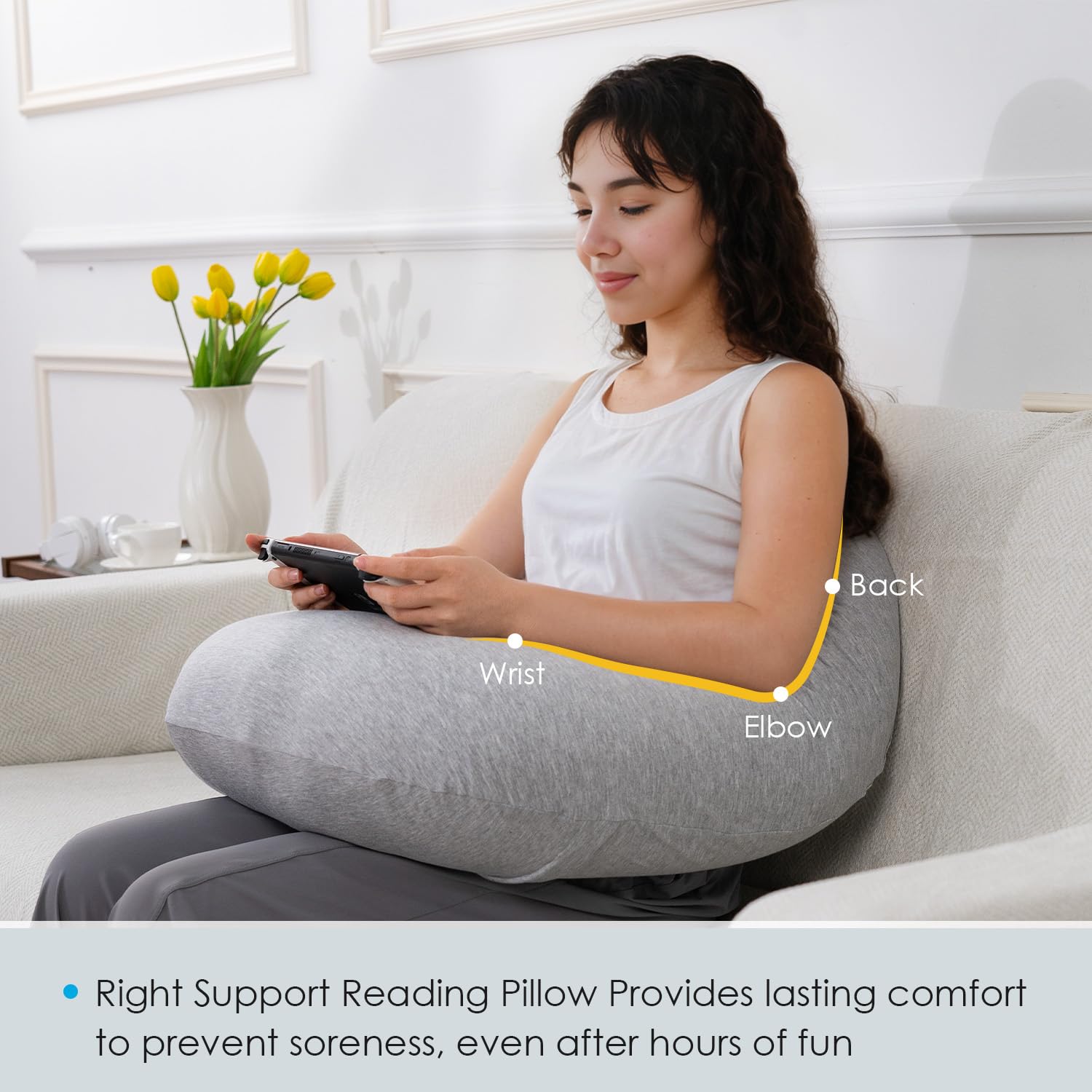 QUEEN ROSE Ergonomic Reading Pillow for Gaming, Bed & Sofa - Lap Desk Pillow with Arm Support for Reading, Playing, Crocheting - Cooling Grey - Perfect for Relaxing in Bed, Gaming Sessions & Crafting Activities