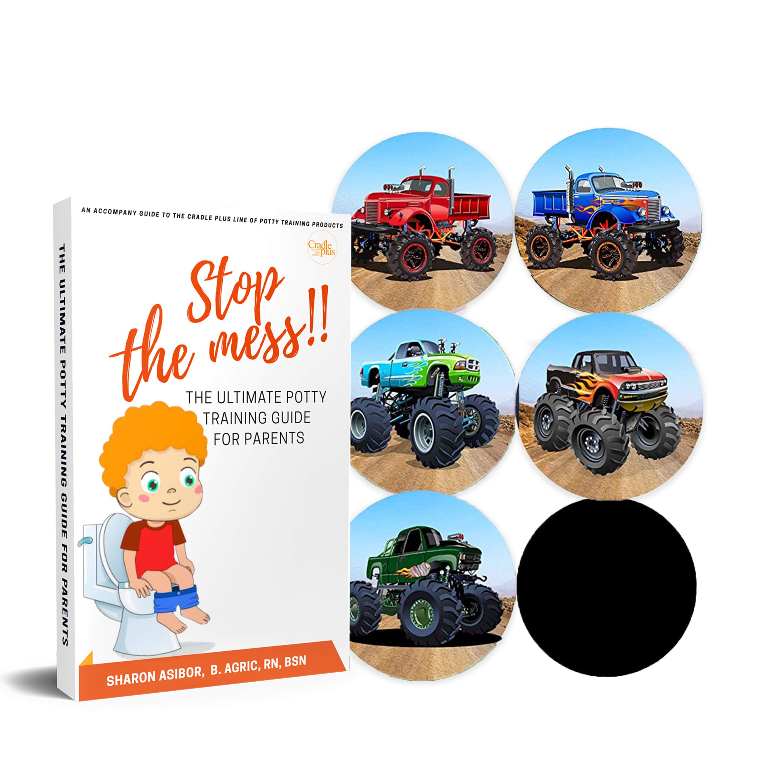Magic Changing Color Potty Training Sticker for Toddlers - 5 Pack Monster Truck Toilet Targets with Free Potty Training Ebook - Fun Motivational Tool for Boys & Girls - Works With or Without Potty Chart & Watch - Perfect for Daycare, Home & Travel Use