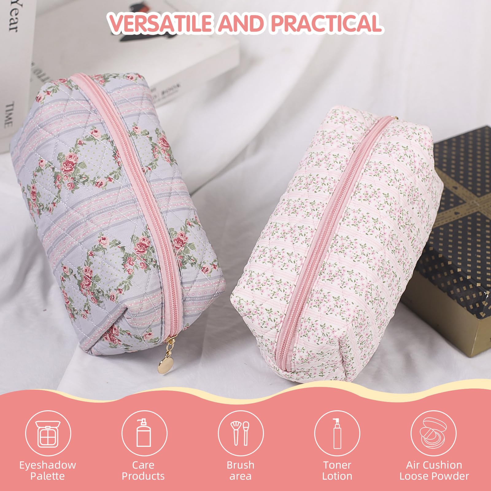 Floral Makeup Bag - Cute Quilted Cosmetic Pouch with Zipper for Travel, Skincare & Daily Use | Waterproof Toiletry Organizer | Perfect for Gym, Vacation & Gift (Blossom Blush Pink)