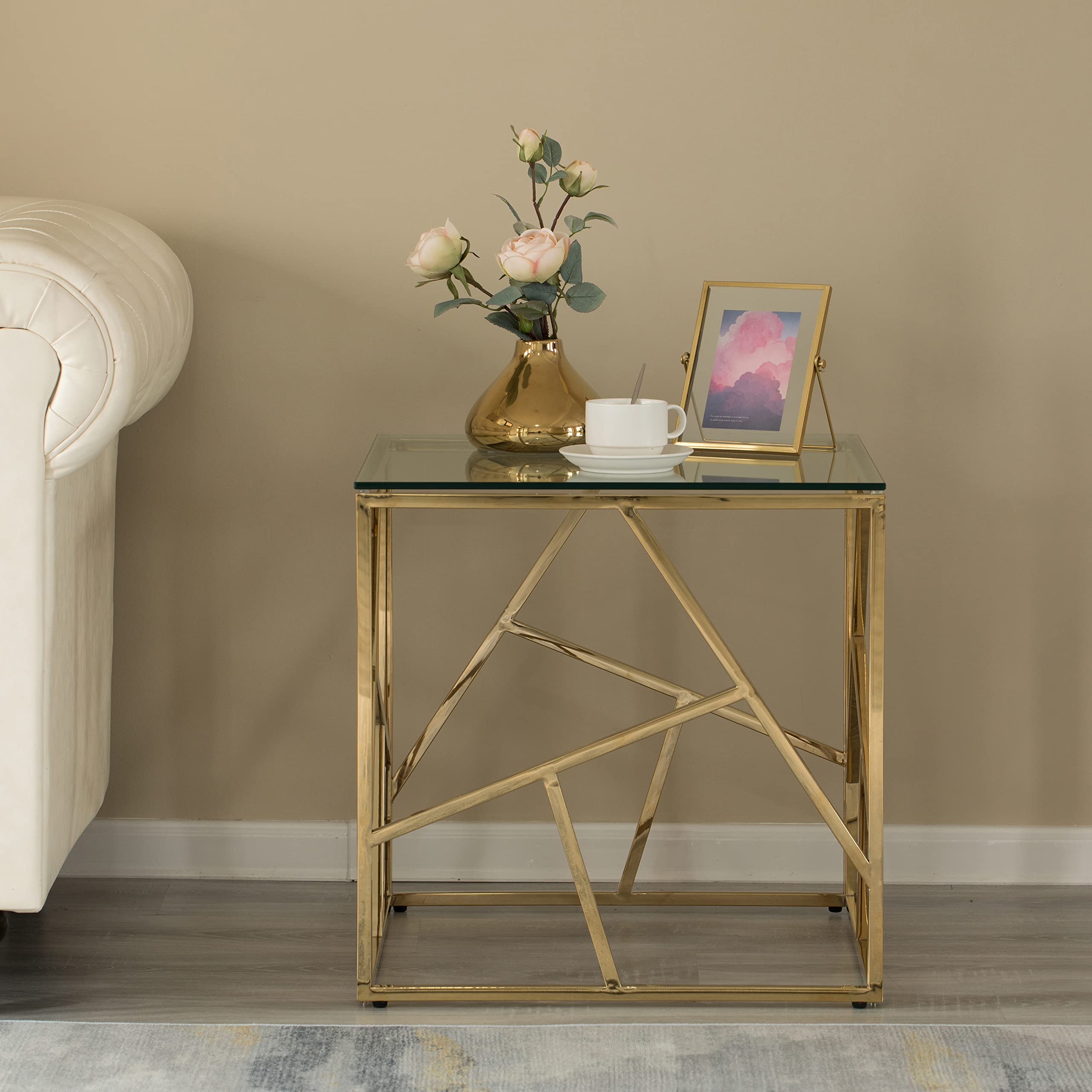 Modern Square End Side Table with Tempered Glass Top & Gold Metal Frame - Stylish Living Room Coffee Table for Home Decor, Office Lounge or Bedroom Accent
