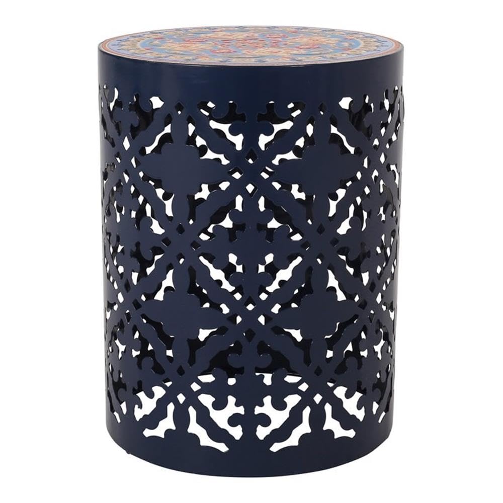 Noble House Chetola Dark Blue Indoor Lace Cut Iron Side Table with Tile Top - Perfect for Living Room, Bedroom, or Office Decor