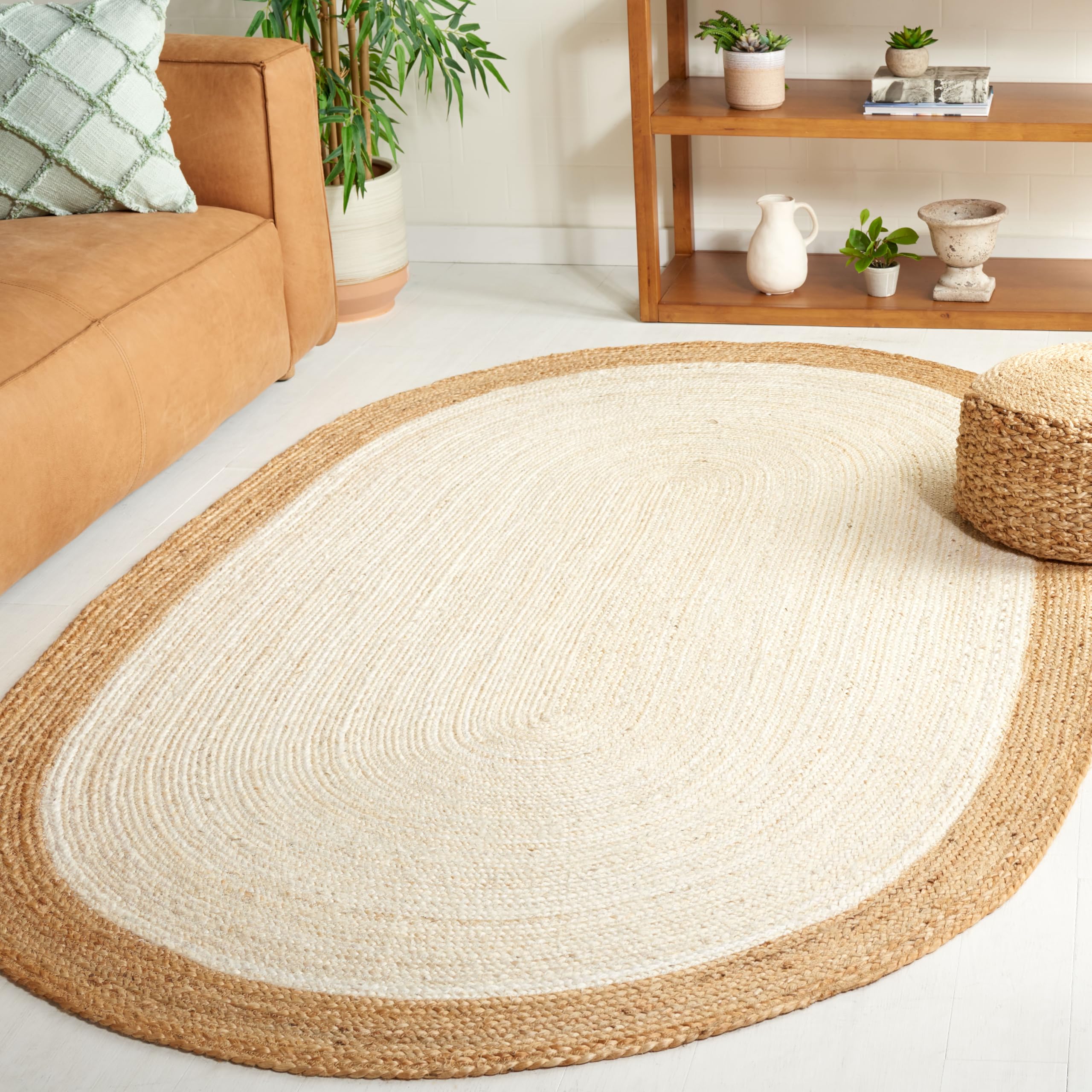SAFAVIEH Handmade Boho Braided Jute Area Rug 5' x 8' Oval - Natural Fiber Collection in Ivory & Neutral | Eco-Friendly Floor Mat for Living Room, Bedroom & High Traffic Areas | Perfect for Bohemian Decor & Cozy Home Style (NF801M)