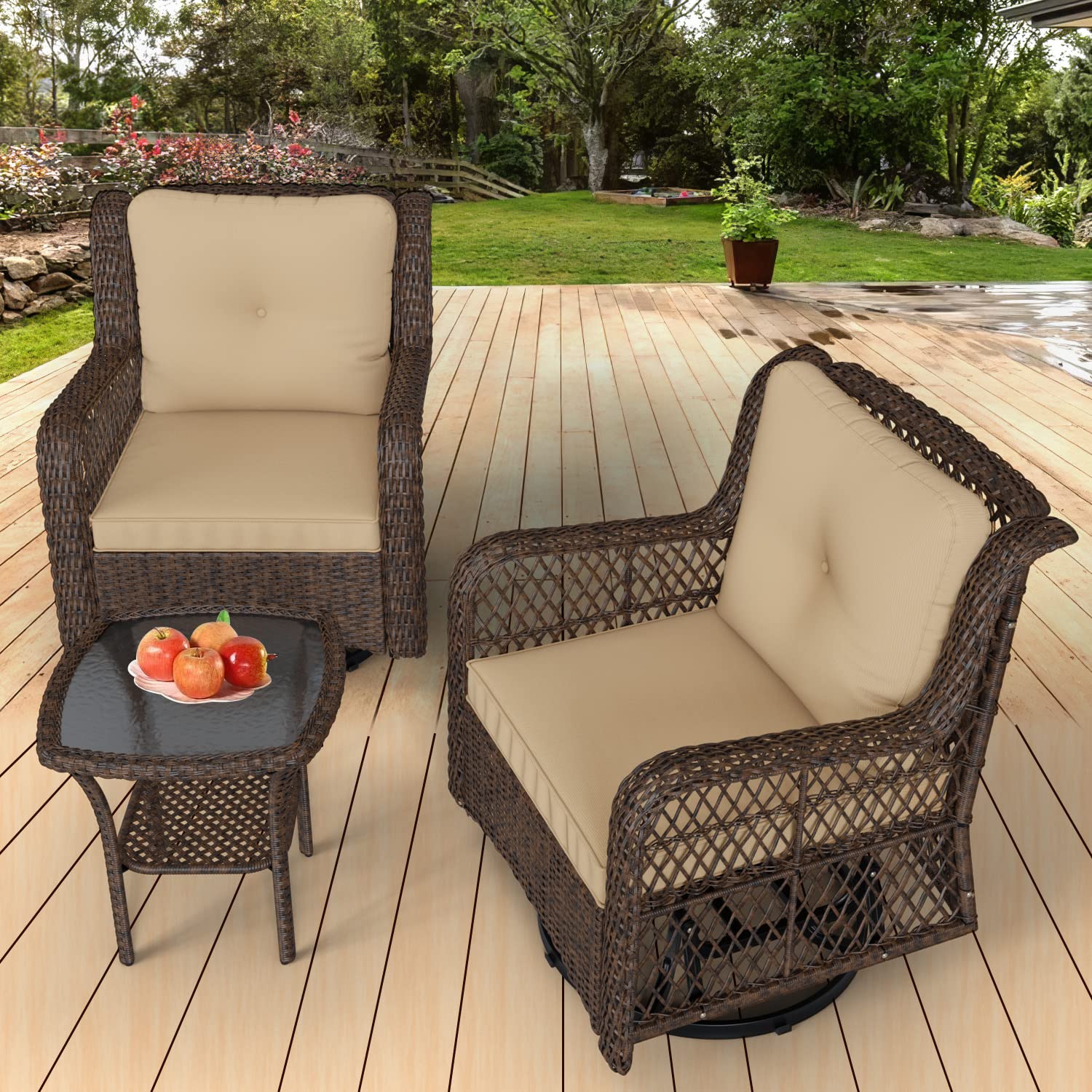 Go Big Outdoor Rocking Chairs Set - 360° Swivel Wicker Patio Furniture with Thick Cushions & Glass-Top Side Table, 3-Piece Bistro Set for Backyard, Garden, Poolside Relaxation