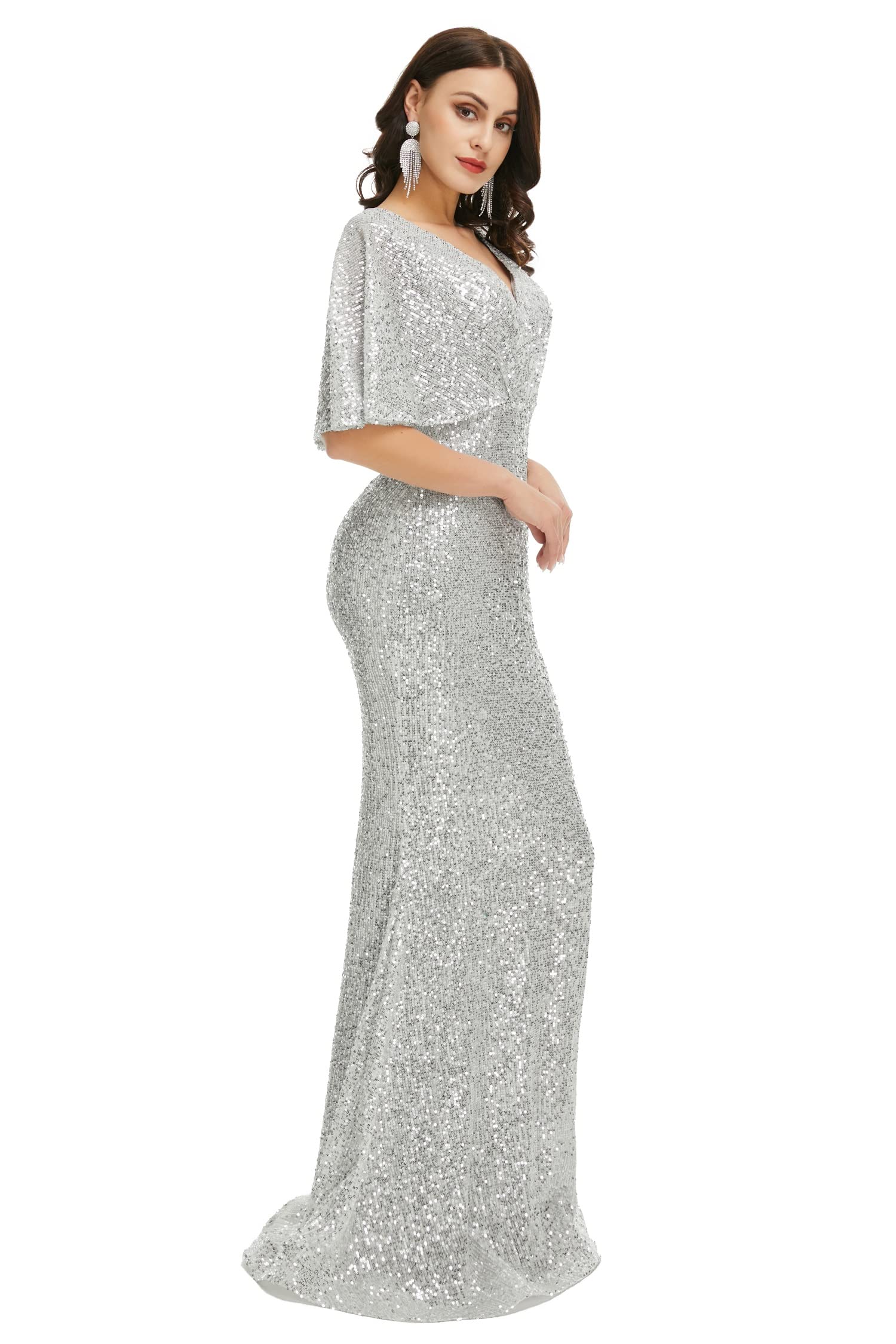 Engerla Women's Short Sleeve Sequin Mermaid V-Neck Evening Dress for Party, Prom, Formal Occasions, Wedding Bride & Bridesmaid - Perfect for Cocktail Events, Gala Nights, and Special Celebrations
