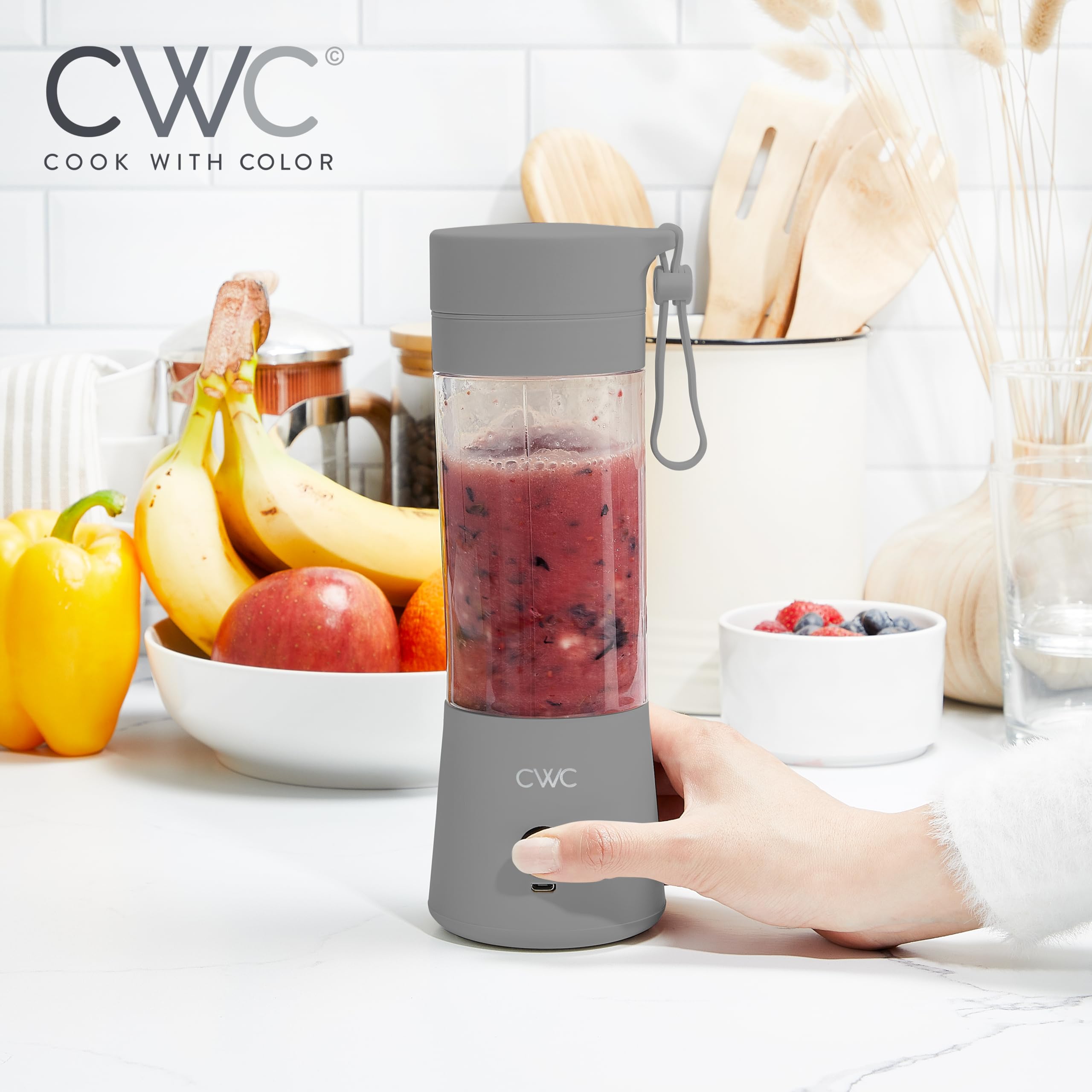 COOK WITH COLOR Mini Portable Blender - 250W Powerful Personal Smoothie Maker, 12oz Travel-Friendly Capacity, Stainless Steel Blade for Crushing Ice, Wireless/USB Rechargeable for Gym & Office, Grey - Perfect for Smoothies, Protein Shakes & Baby Food On-The-Go