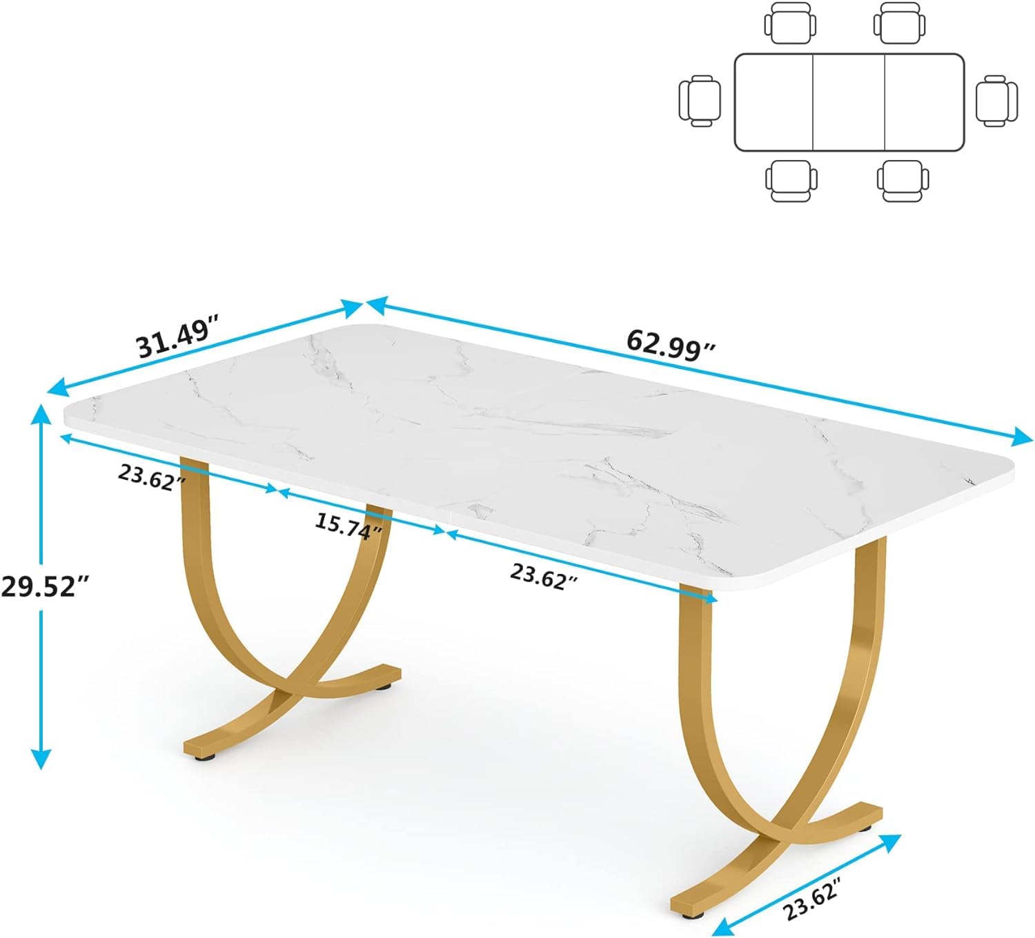 Tribesigns 63-Inch White and Gold Modern Rectangular Dining Table for 4-6 People - Faux Marble Table Top with Sturdy Metal Legs - Perfect for Dining Room, Kitchen or Living Room - Ideal for Family Meals, Entertaining Guests & Home Office Workspace
