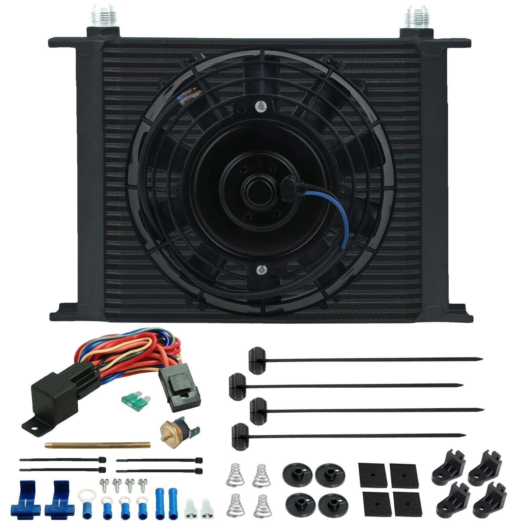 30 Row Transmission Oil Cooler with Electric Fan & Push-in Probe Thermostat Switch - Heavy Duty Cooling for Trucks, RVs & Performance Vehicles