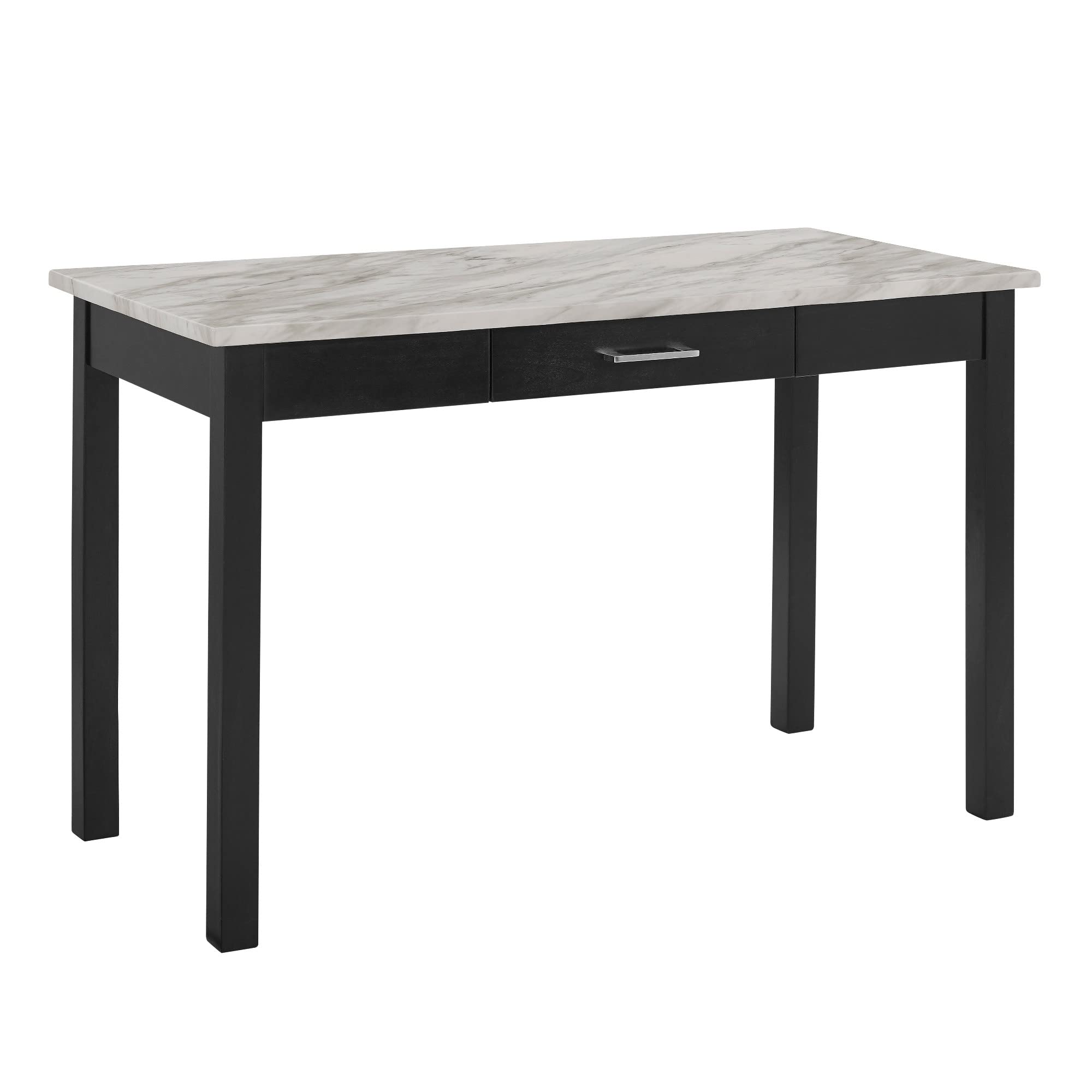Benjara Jay 48 Inch Modern White and Black Faux Marble Desk with Drawer - Stylish Home Office Writing Table for Small Spaces & Workspaces