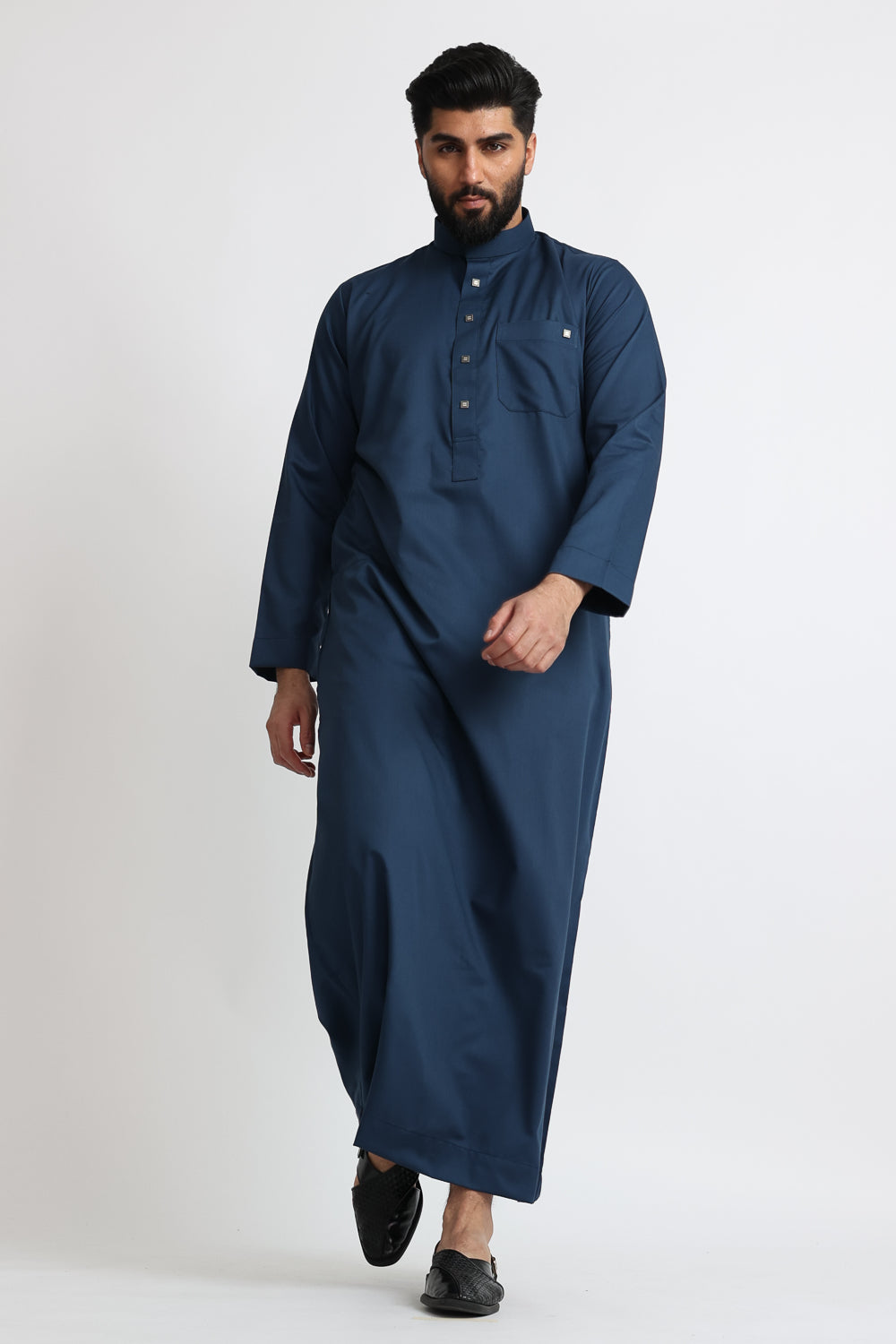Premium J1517 Navy Blue Saudi Style Collar Thobe for Men - Traditional Islamic Robe for Prayer, Eid, and Special Occasions