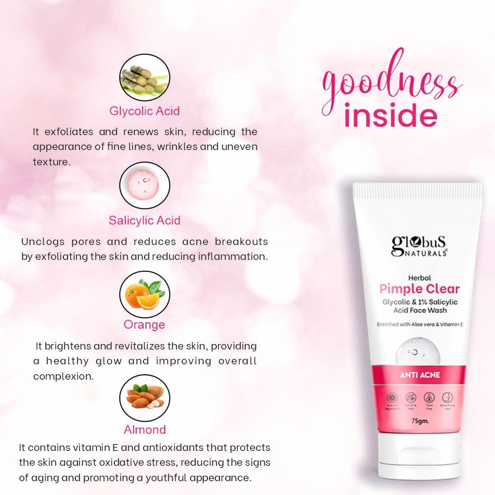 Globus Naturals Glycolic & 1% Salicylic Acid Acne Face Wash with Orange & Almond Extract - Oily & Acne-Prone Skin Treatment, 75g | Daily Cleanser for Clear Skin & Blemish Control