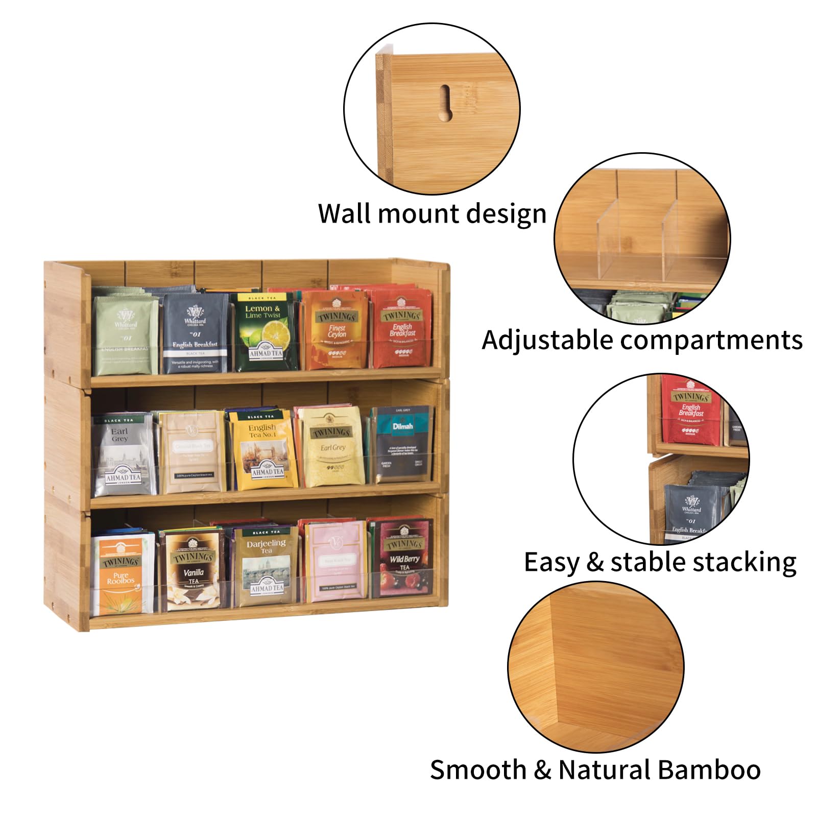 X-cosrack 3-Tier Stackable Bamboo Tea Bag Organizer Storage Box - Natural Wood Wall Mount Tea Chest with Acrylic Lid for Tea Bags - Perfect for Office, Kitchen Cabinet & Pantry Organization