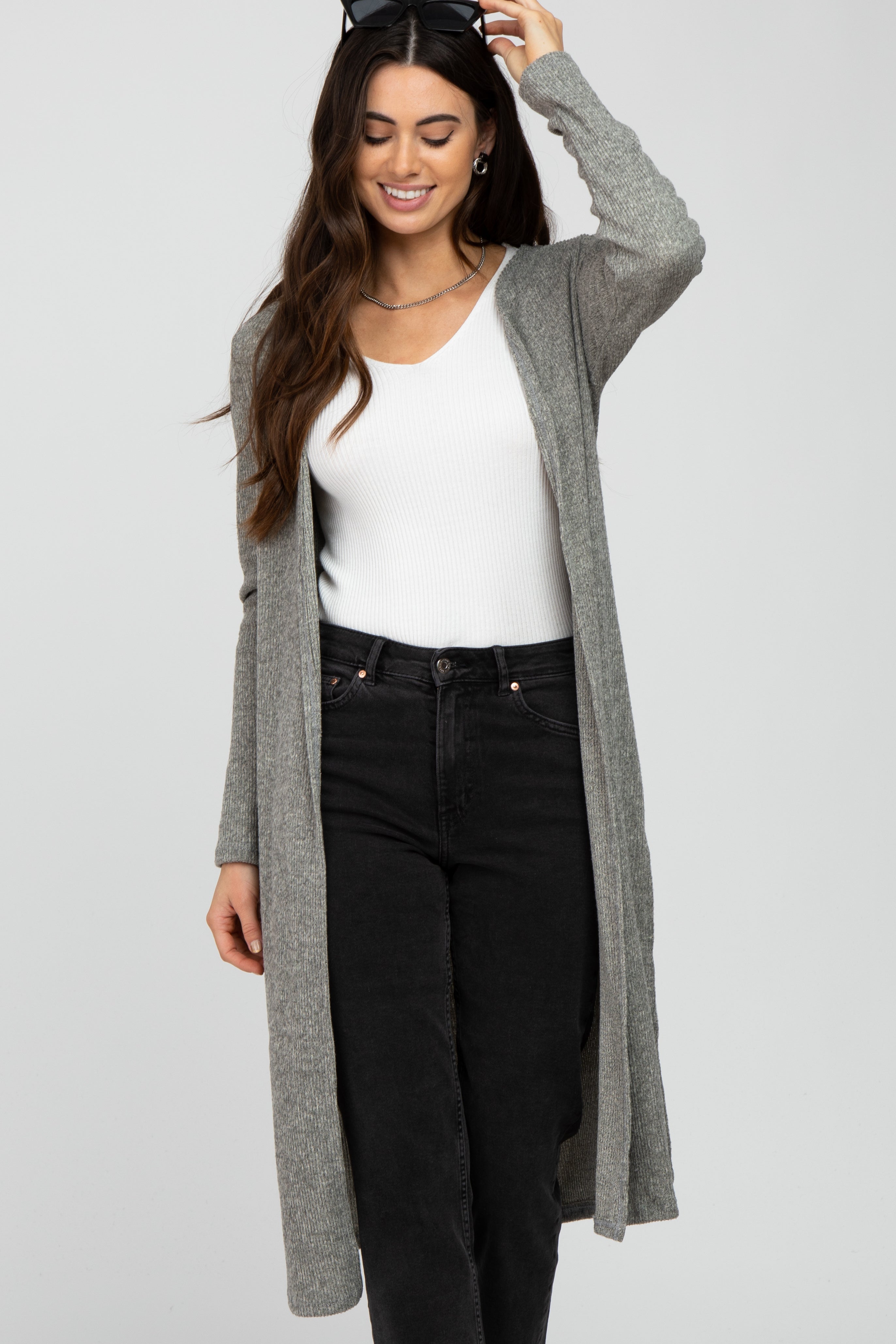 Beige Heathered Ribbed Long Cardigan with Side Slits - Cozy Open Front Sweater for Women | Perfect for Fall Layering, Office Wear & Casual Outfits