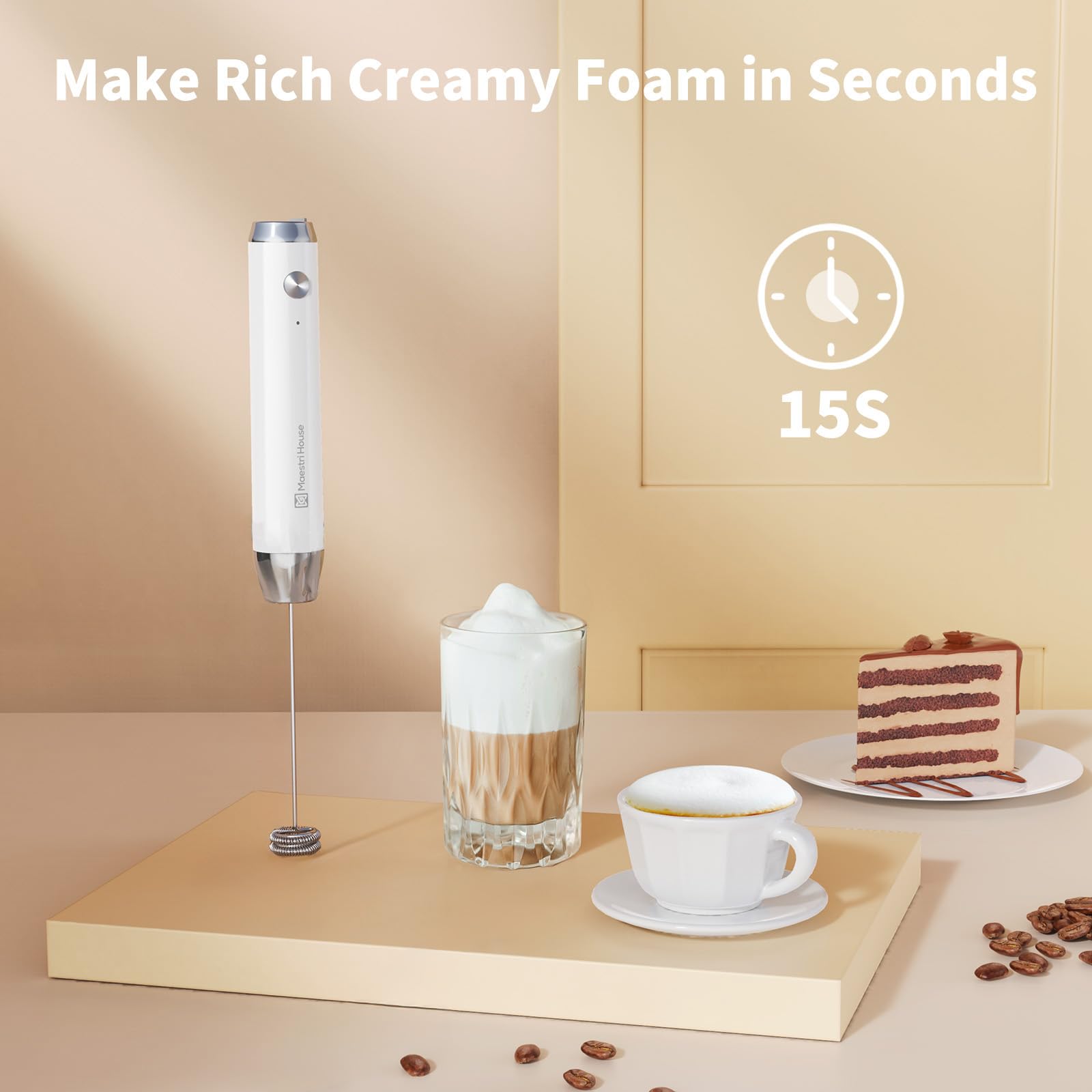 Maestri House Rechargeable Milk Frother - Handheld Electric Foam Maker for Lattes & Cappuccino, Waterproof & Detachable Stainless Steel Whisk, Drink Mixer & Foamer - Perfect for Coffee Shops, Home Baristas & Office Use