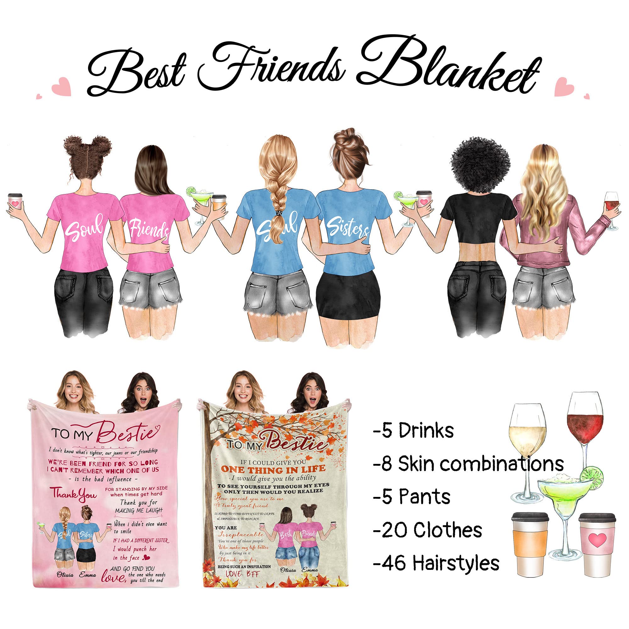 Custom Best Friend Blanket with Hairstyle & Name - Personalized Friendship Gifts for Women, BFF Birthday, Wedding, Anniversary, Soul Sister, Long Distance - Perfect for Cozy Nights & Heartwarming Moments